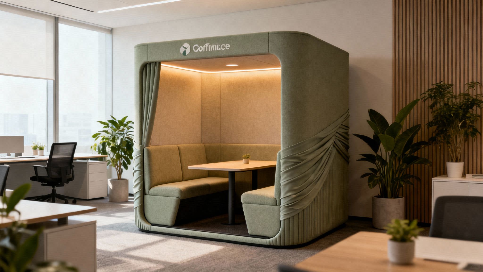 Contemporary office with a green meeting pod for quiet discussions, alongside desks and plants.