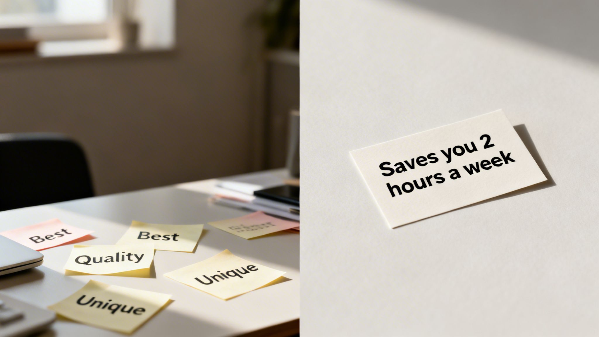 Sticky notes on a desk with words like 'Quality', 'Unique', 'Best', and 'Saves you 2 hours a week'.