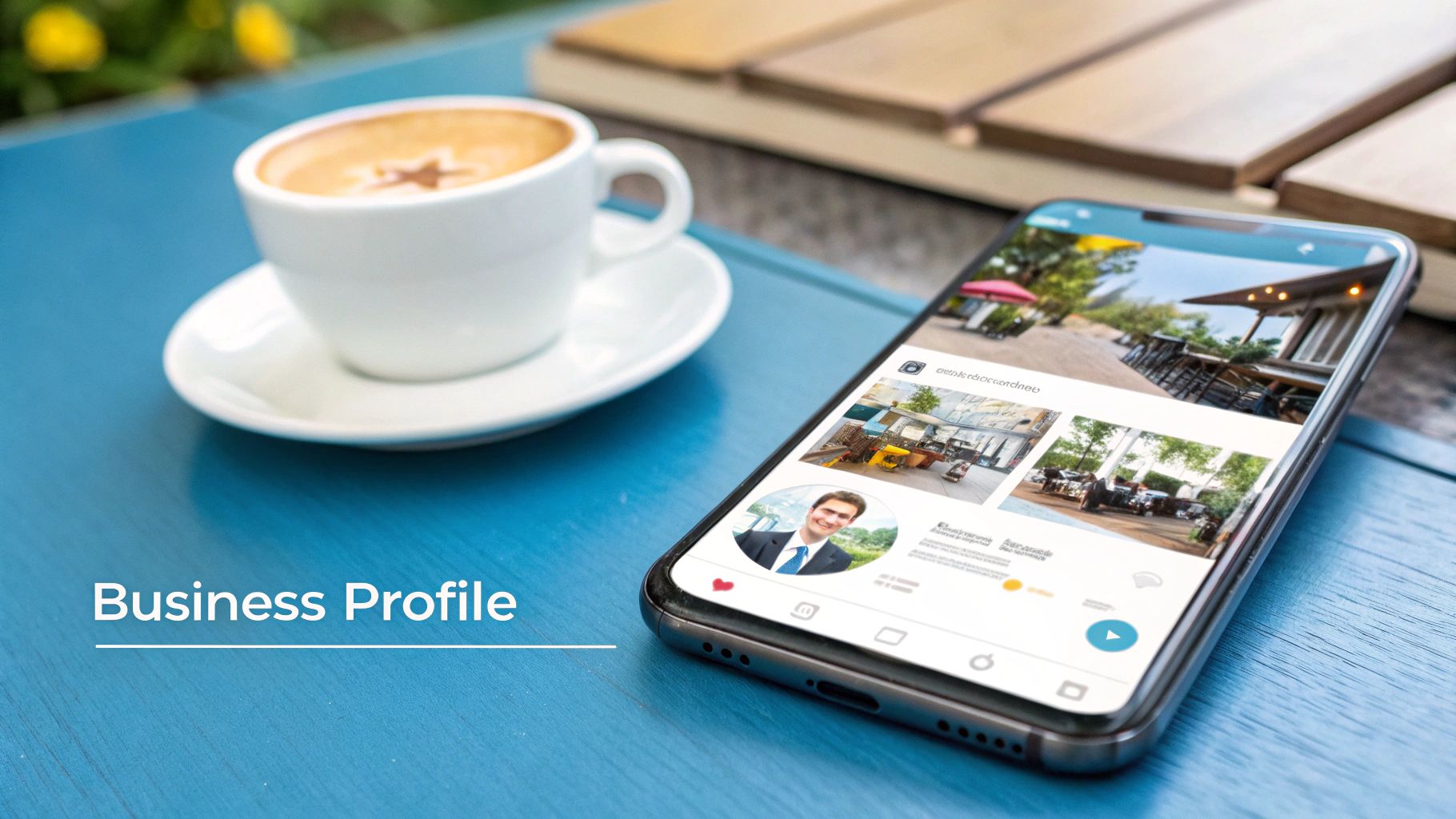 A smartphone displaying a business profile on a blue table, next to a coffee cup with latte art, suggesting local business promotion.
