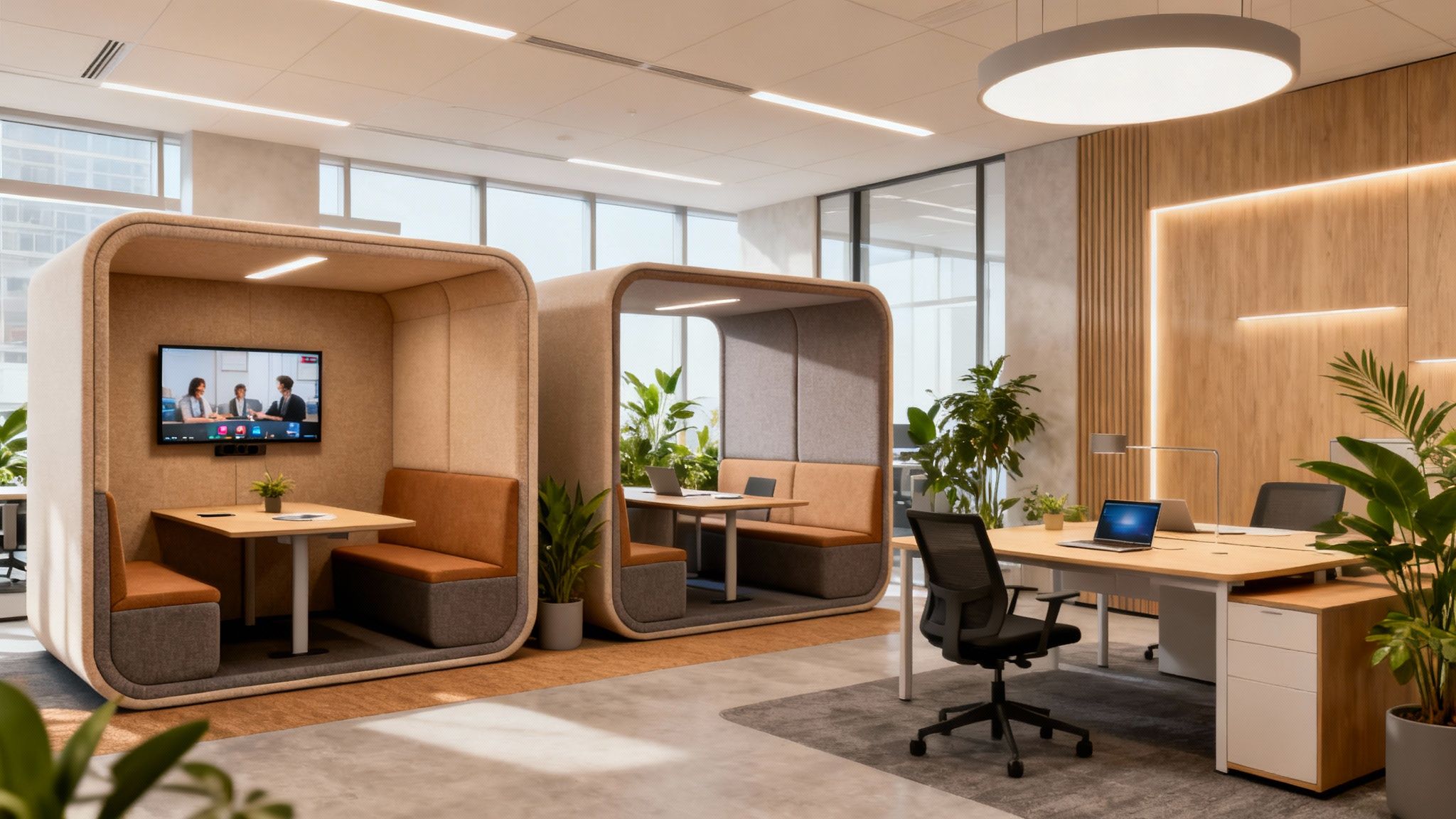 Modern office interior with collaborative soundproof pods, a large desk, and lush green plants.