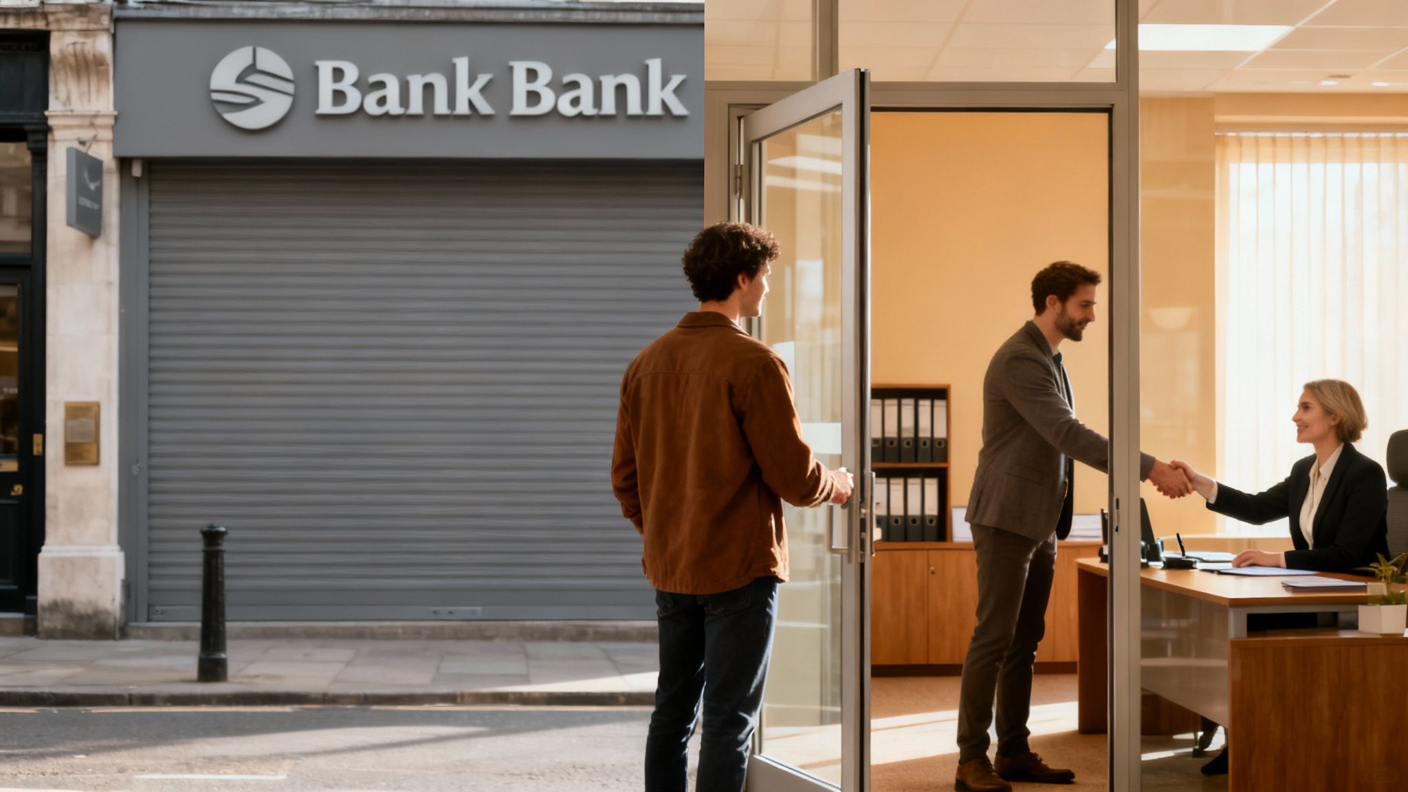 A man enters an office where a financial deal is made, next to a closed bank.