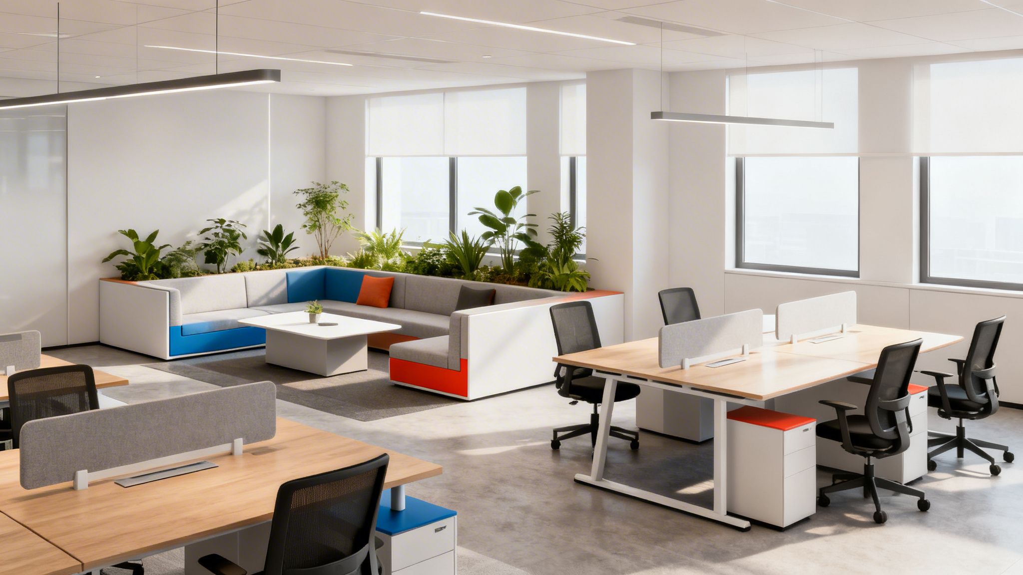 A modern open-plan office features colorful modular sofas, lush plants, and ergonomic desks with chairs.