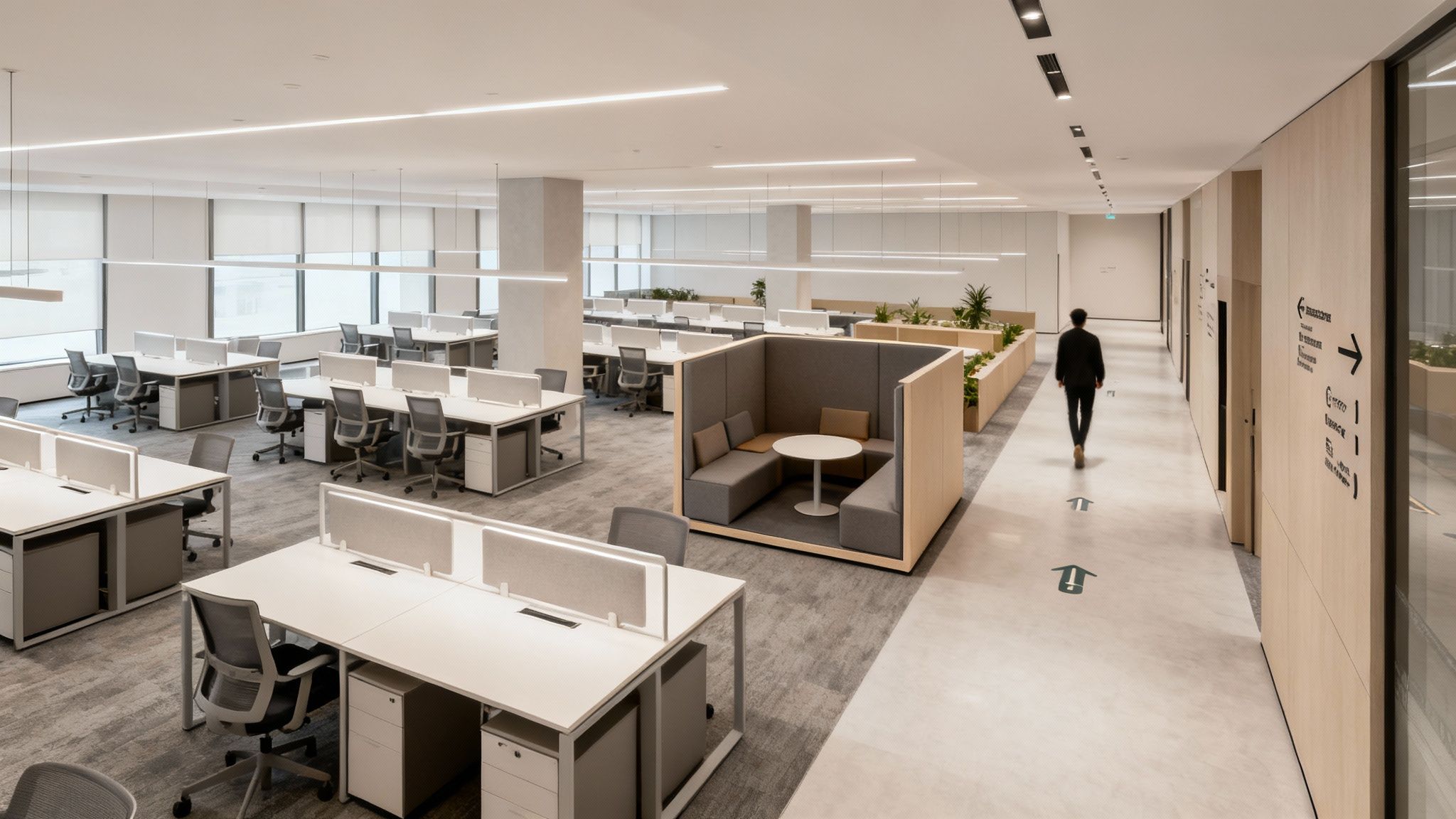 Modern open-plan office with desks, collaborative seating, and a person walking in a hallway.