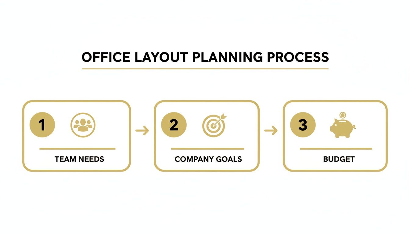 Infographic showing the three steps of the office layout planning process: Team Needs, Company Goals, and Budget.