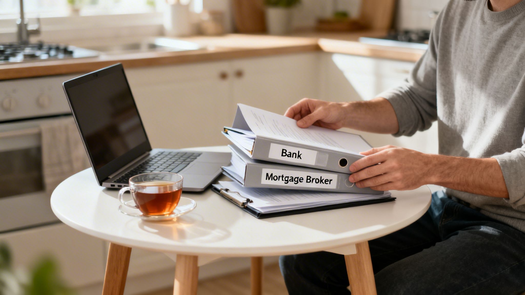 A person reviews documents in binders labeled 'Bank' and 'Mortgage Broker' next to a laptop and tea.