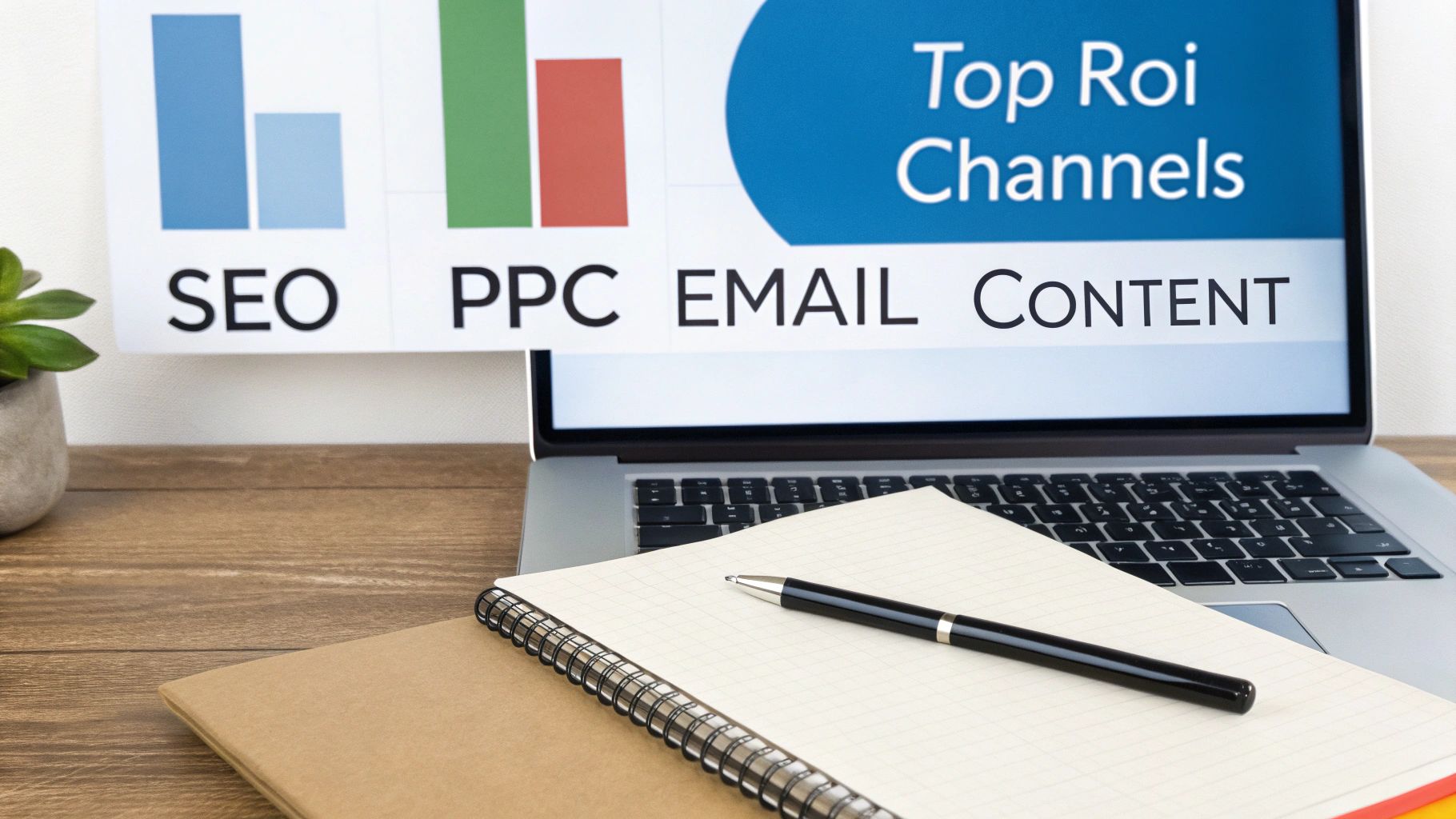 Laptop screen displays 'Top ROI Channels' with SEO, PPC, Email, Content bar charts, a notebook, and a pen.