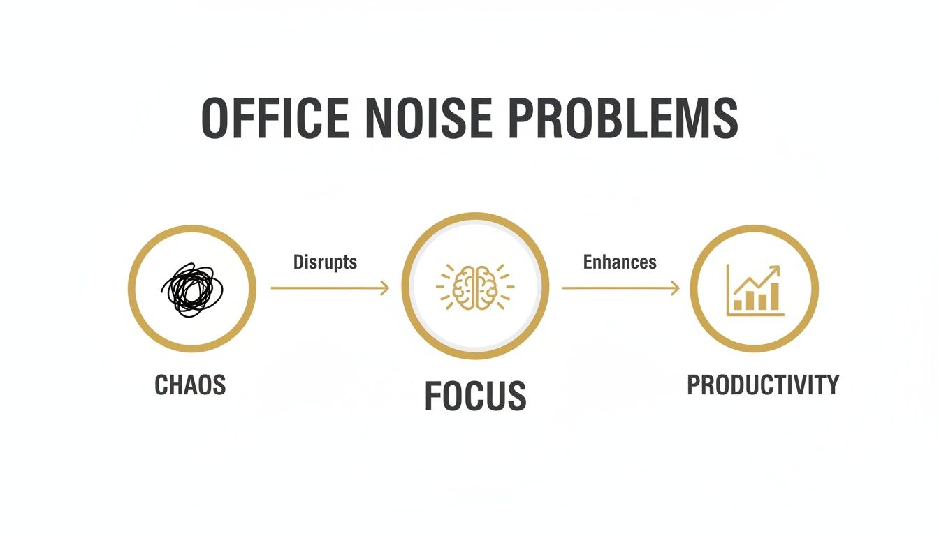 Diagram illustrating how office noise creates chaos, disrupting focus and hindering productivity.
