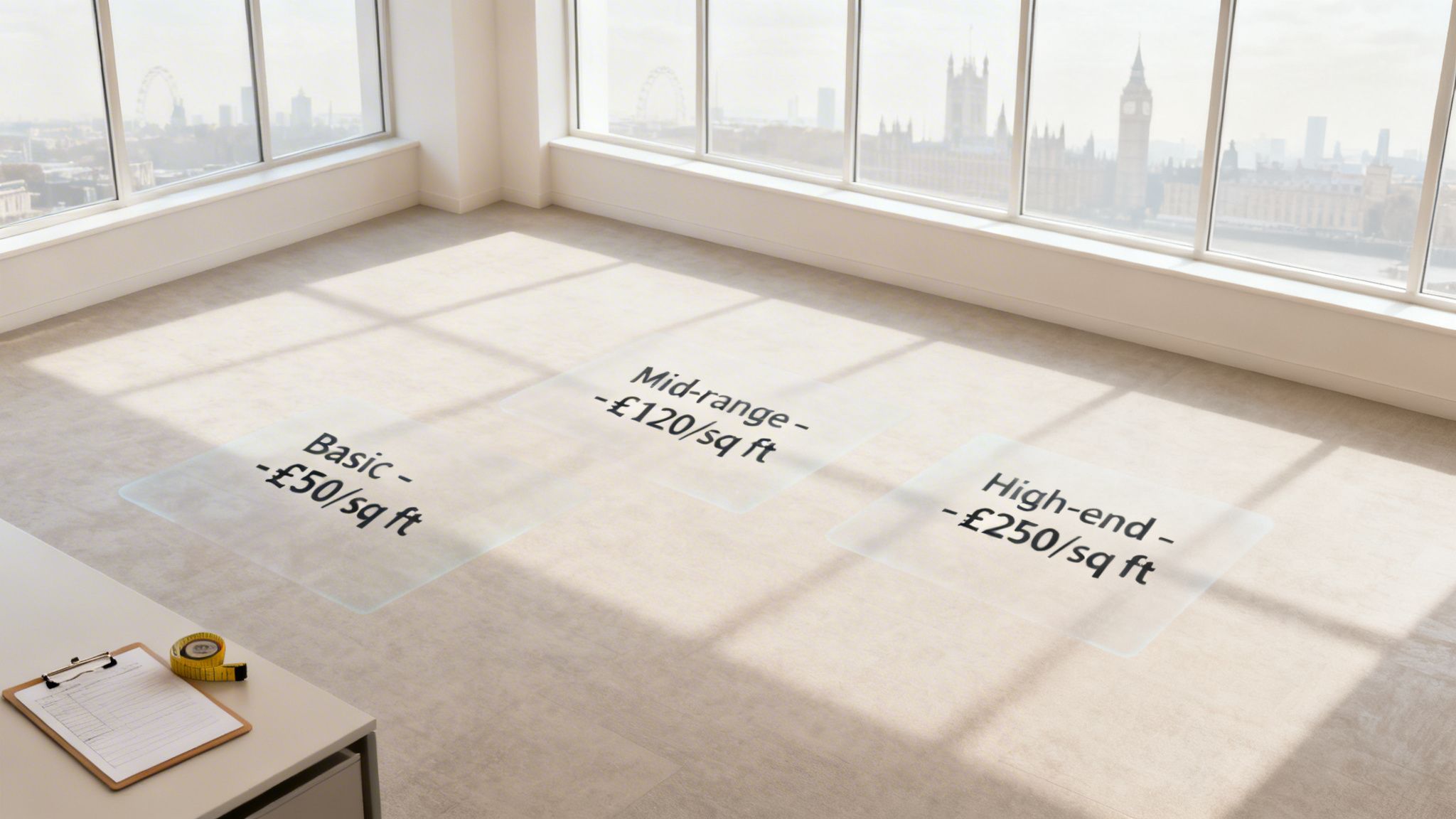 Empty room with city view, showing basic, mid-range, and high-end pricing tiers for fit-out.