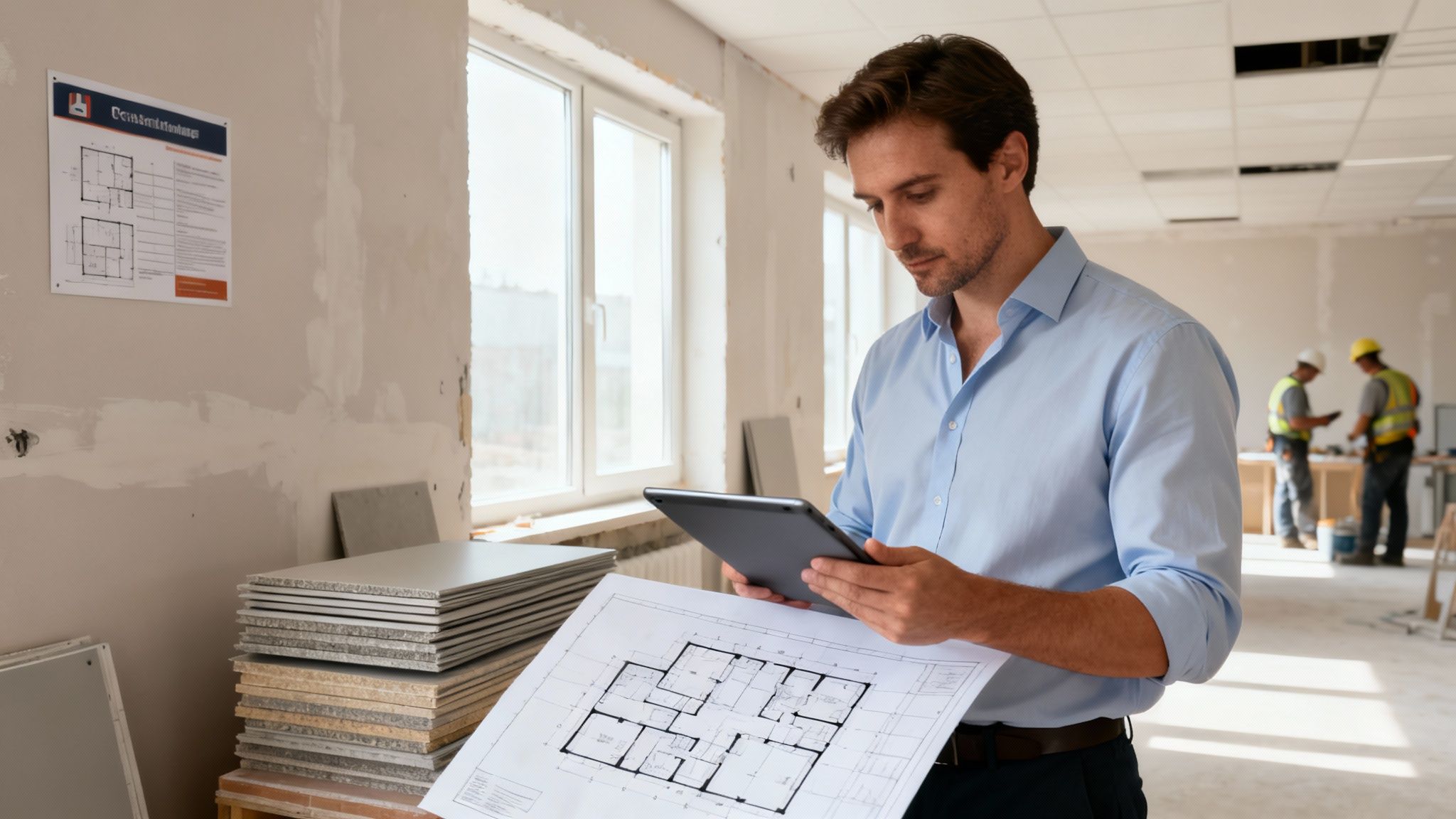 A man reviews blueprints and a tablet at a construction site with workers in the background.