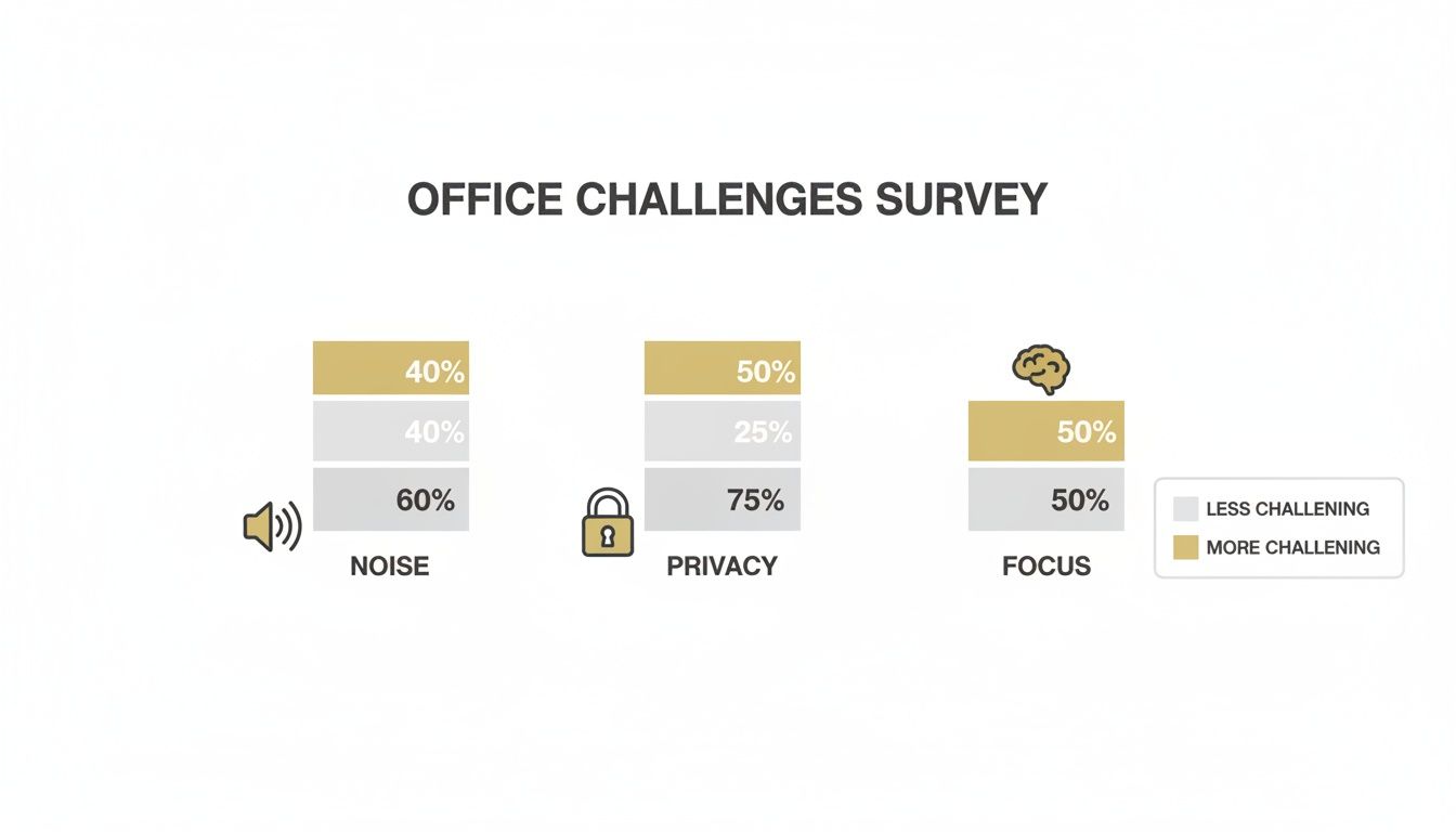 Office Challenges Survey infographic showing percentages for Noise, Privacy, and Focus as Less or More Challenging.