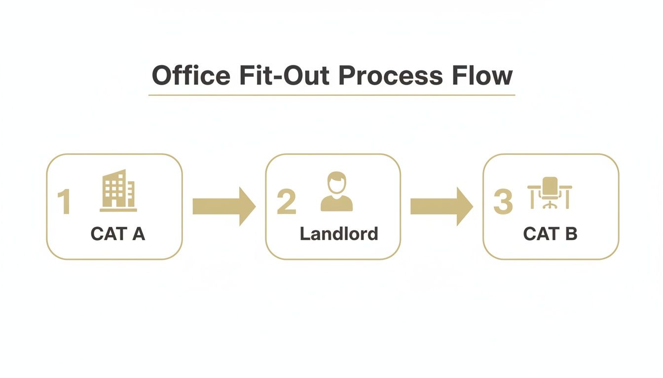 Office fit-out process flow diagram showing steps from CAT A to Landlord to CAT B.