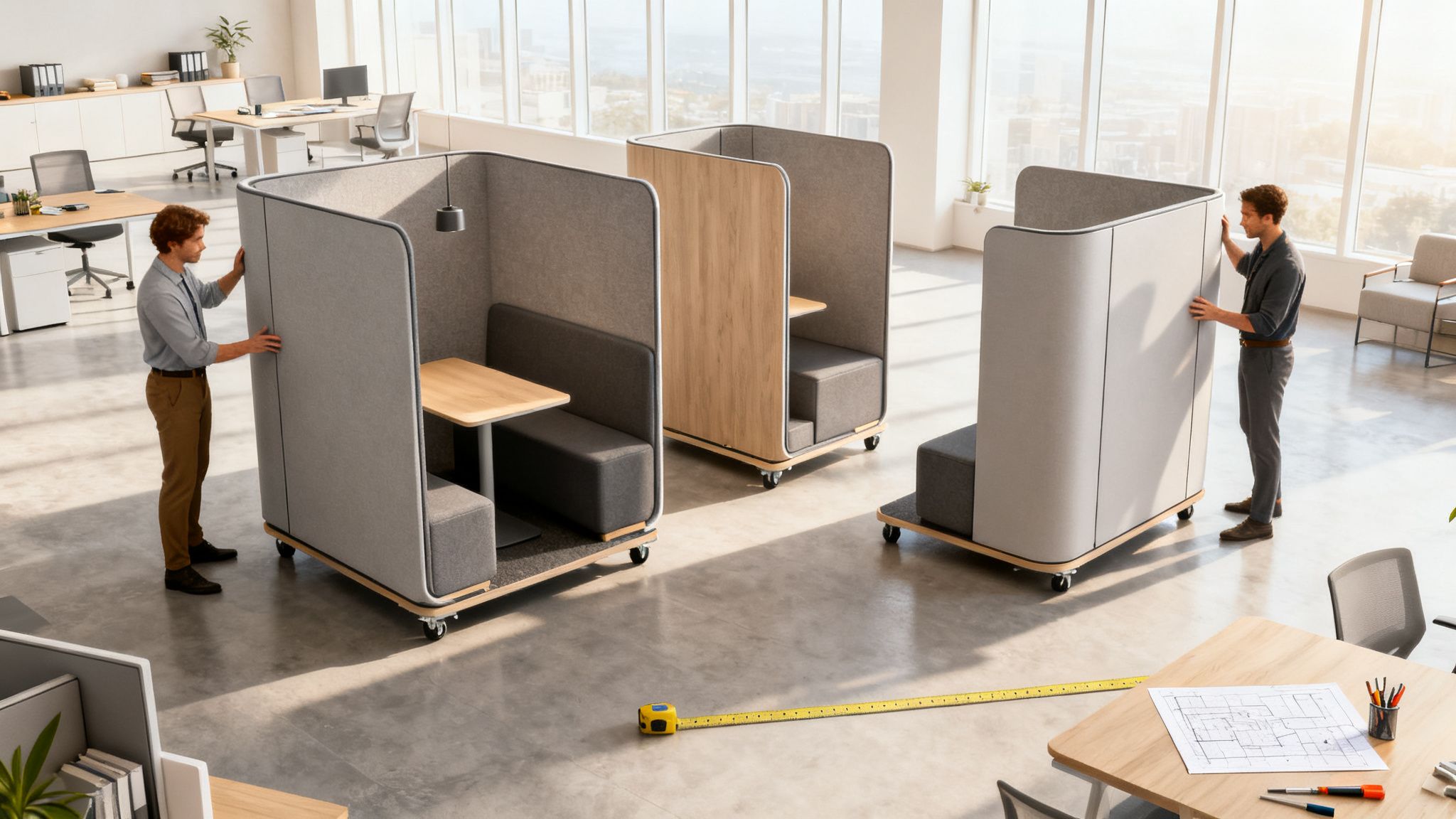 Two men repositioning modular privacy pods in a spacious, modern open-plan office setting with large windows.