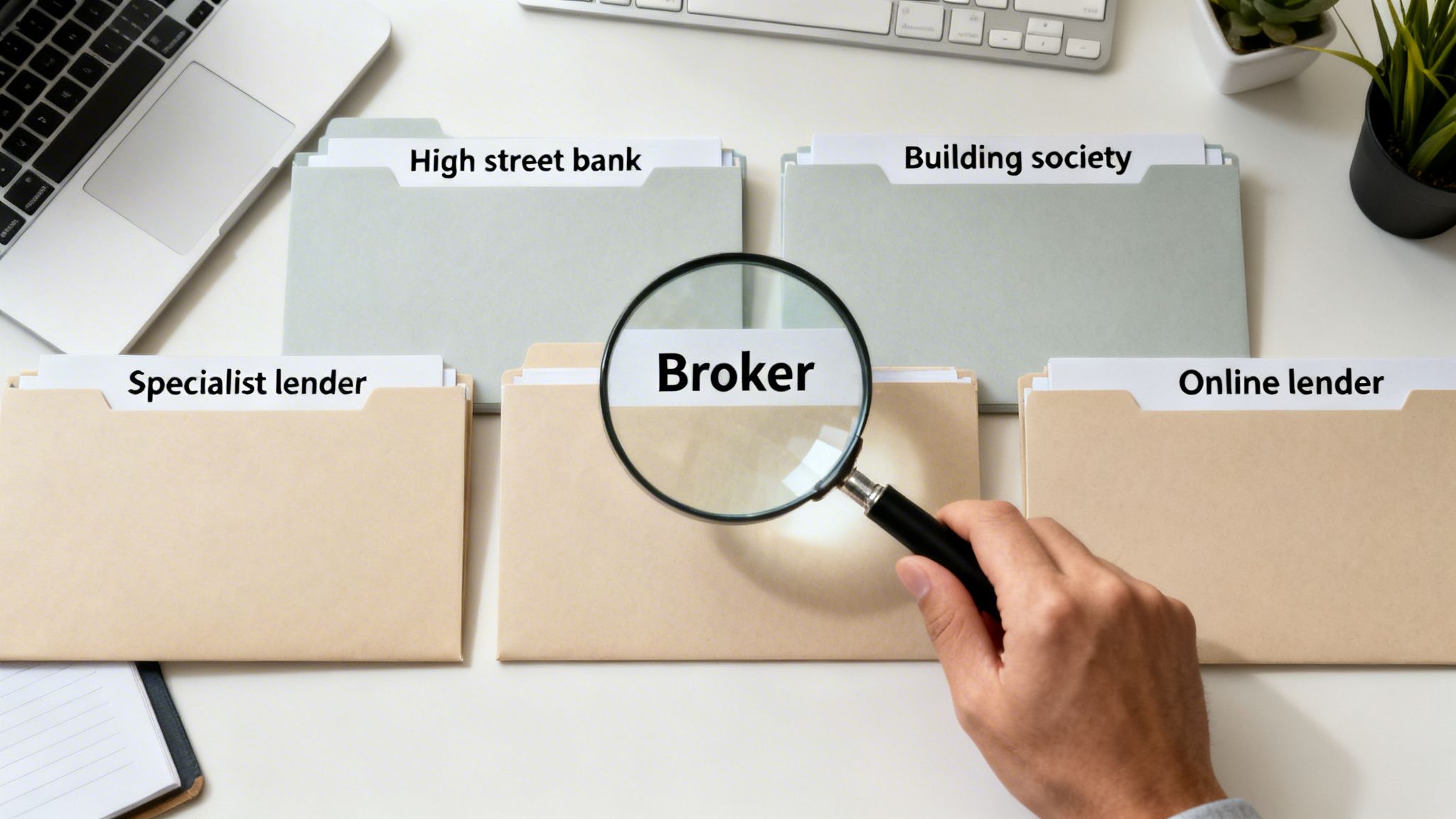 A hand holds a magnifying glass over a folder labeled 'Broker' among other financial institution folders.