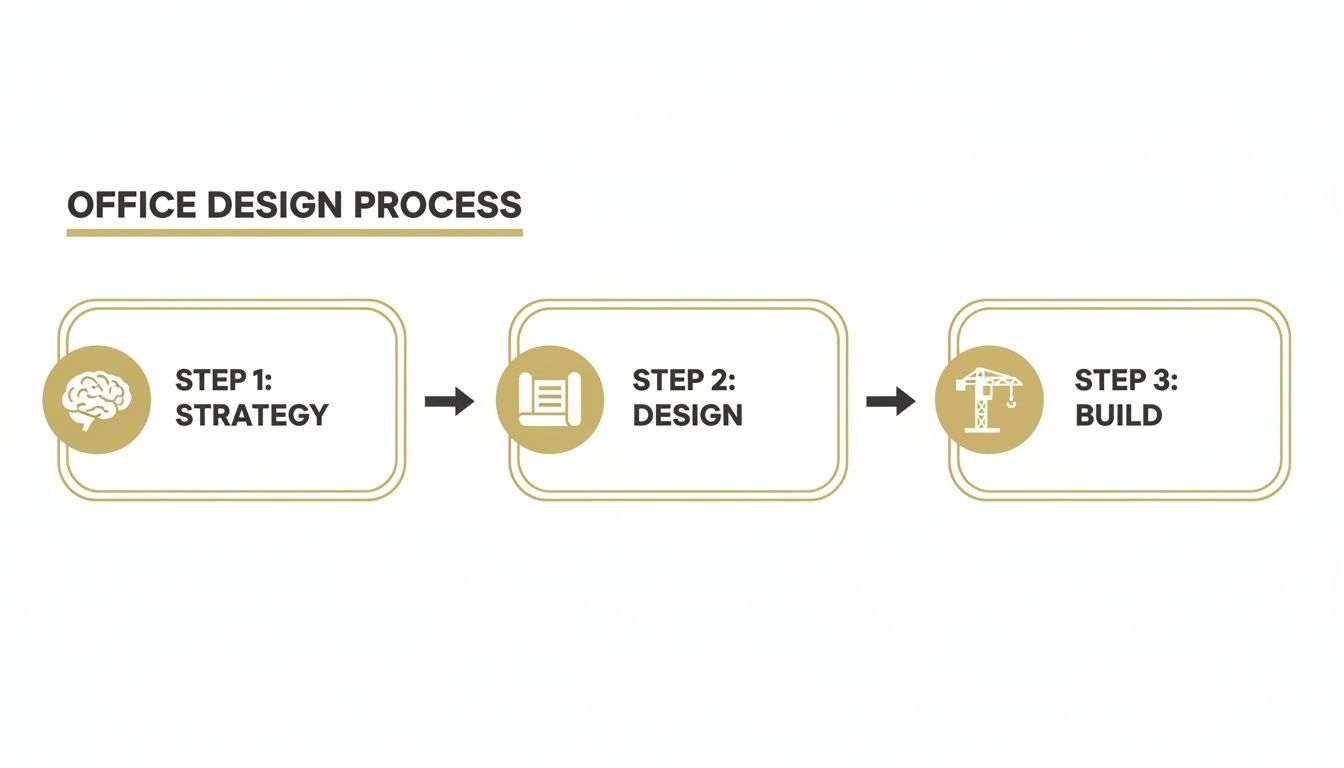 A three-step office design process diagram illustrating strategy, design, and build phases.