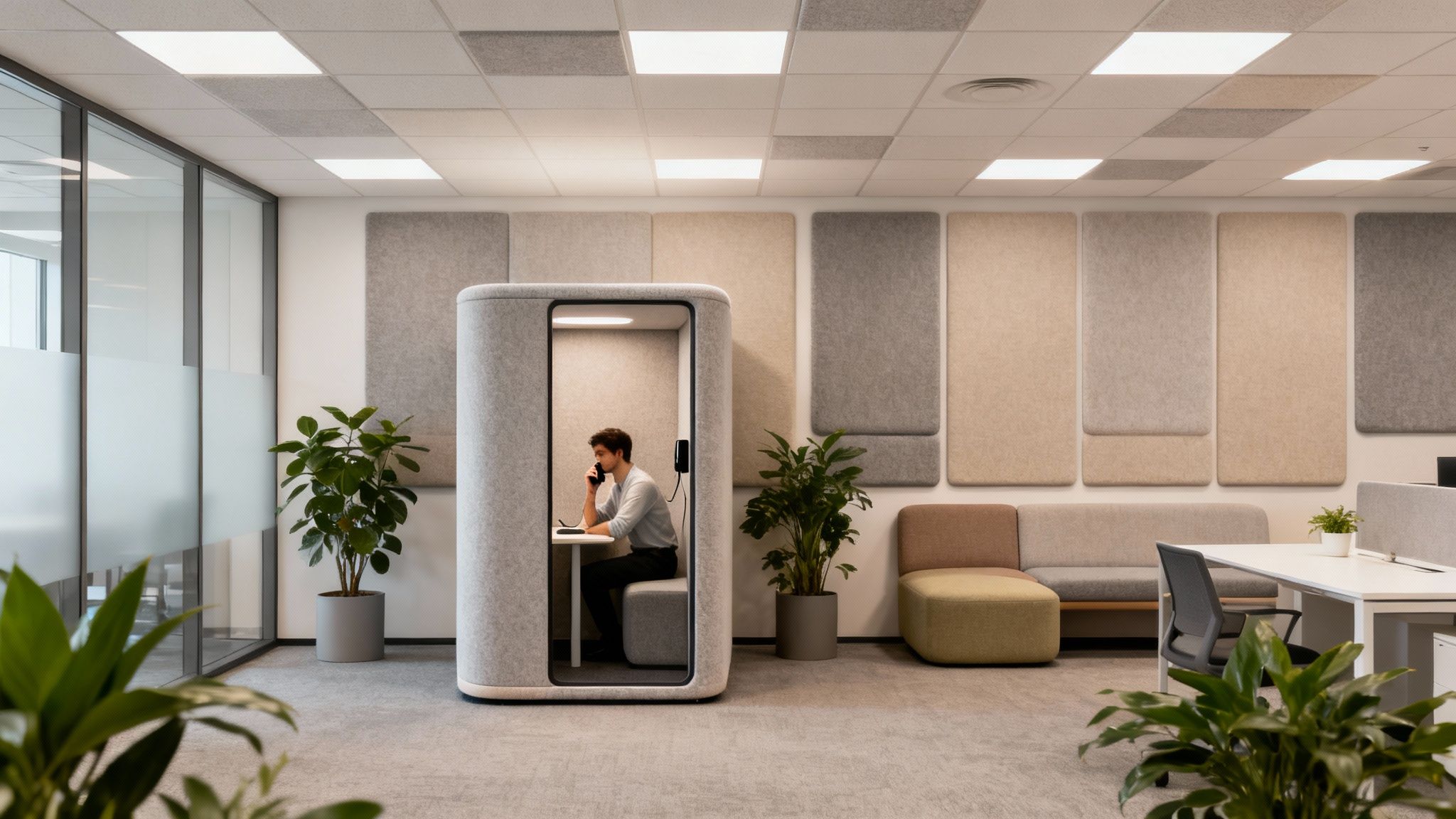 A man talks on the phone in a modern office soundproof booth surrounded by plants and acoustic panels.