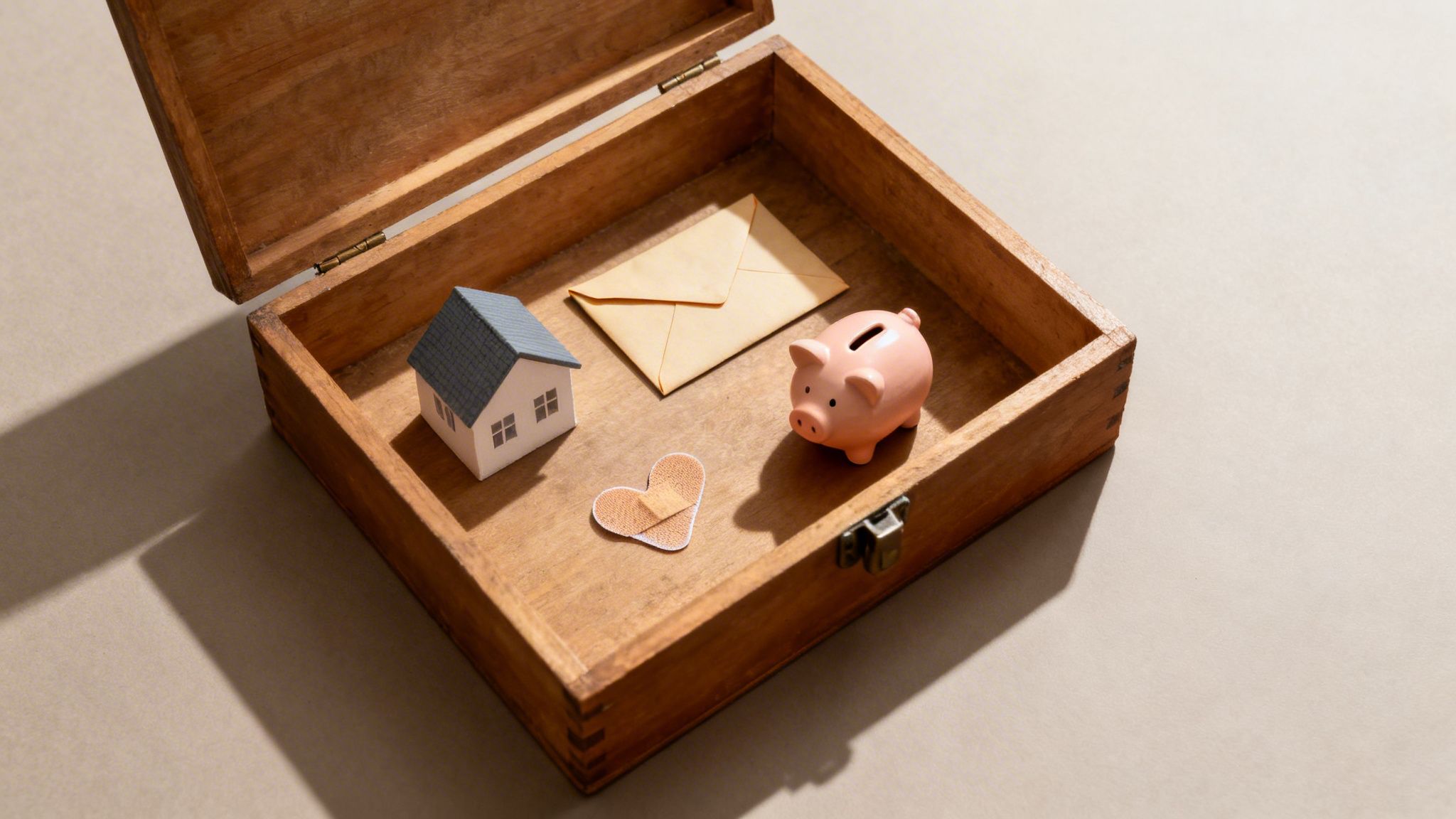An open wooden box contains a miniature house, a pink piggy bank, an envelope, and a heart-shaped bandage patch.