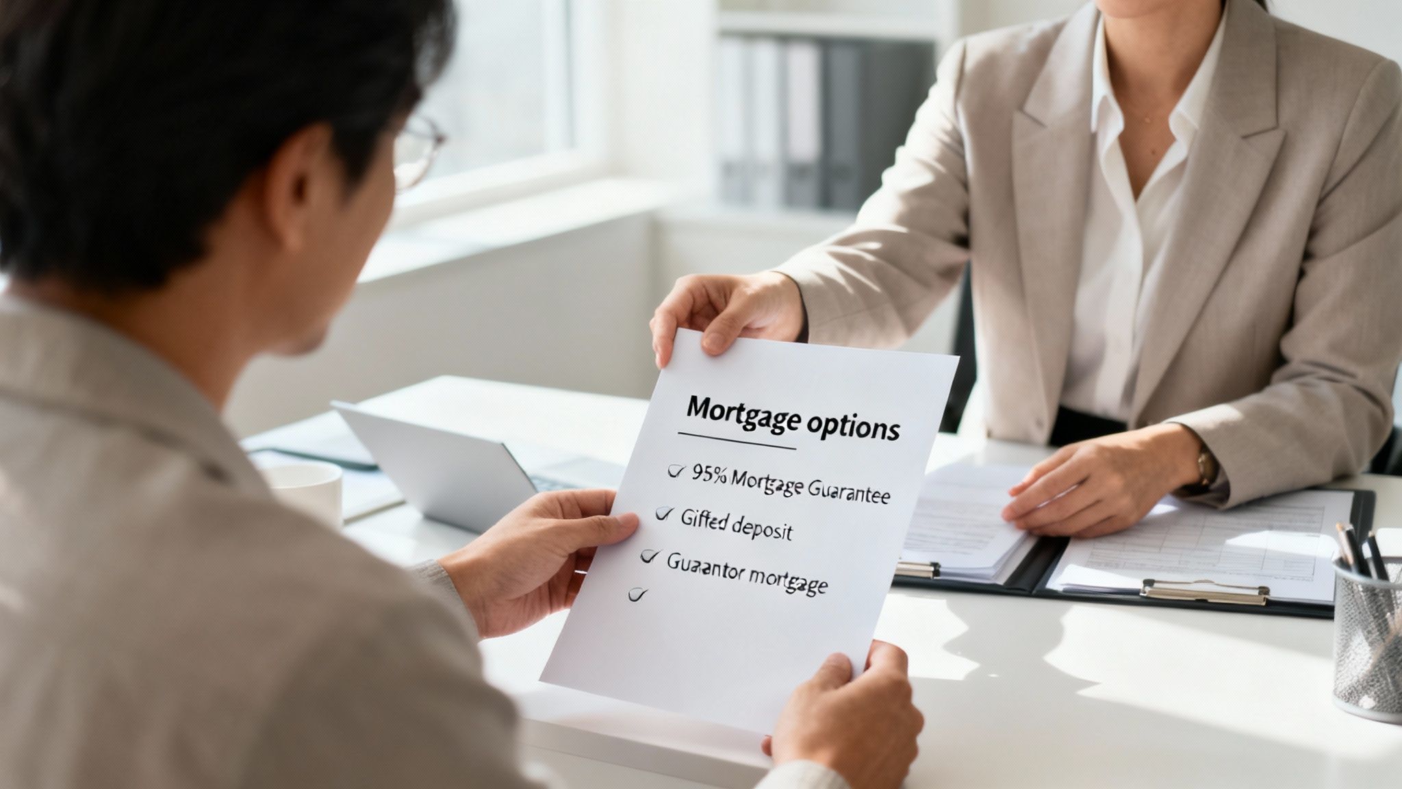 A financial advisor presents a document titled 'Mortgage options' to a client, detailing various mortgage types.
