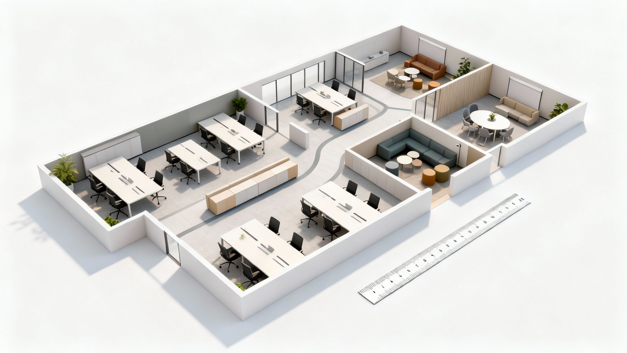 Overhead view of a sleek, white office floor plan with multiple work and lounge areas.