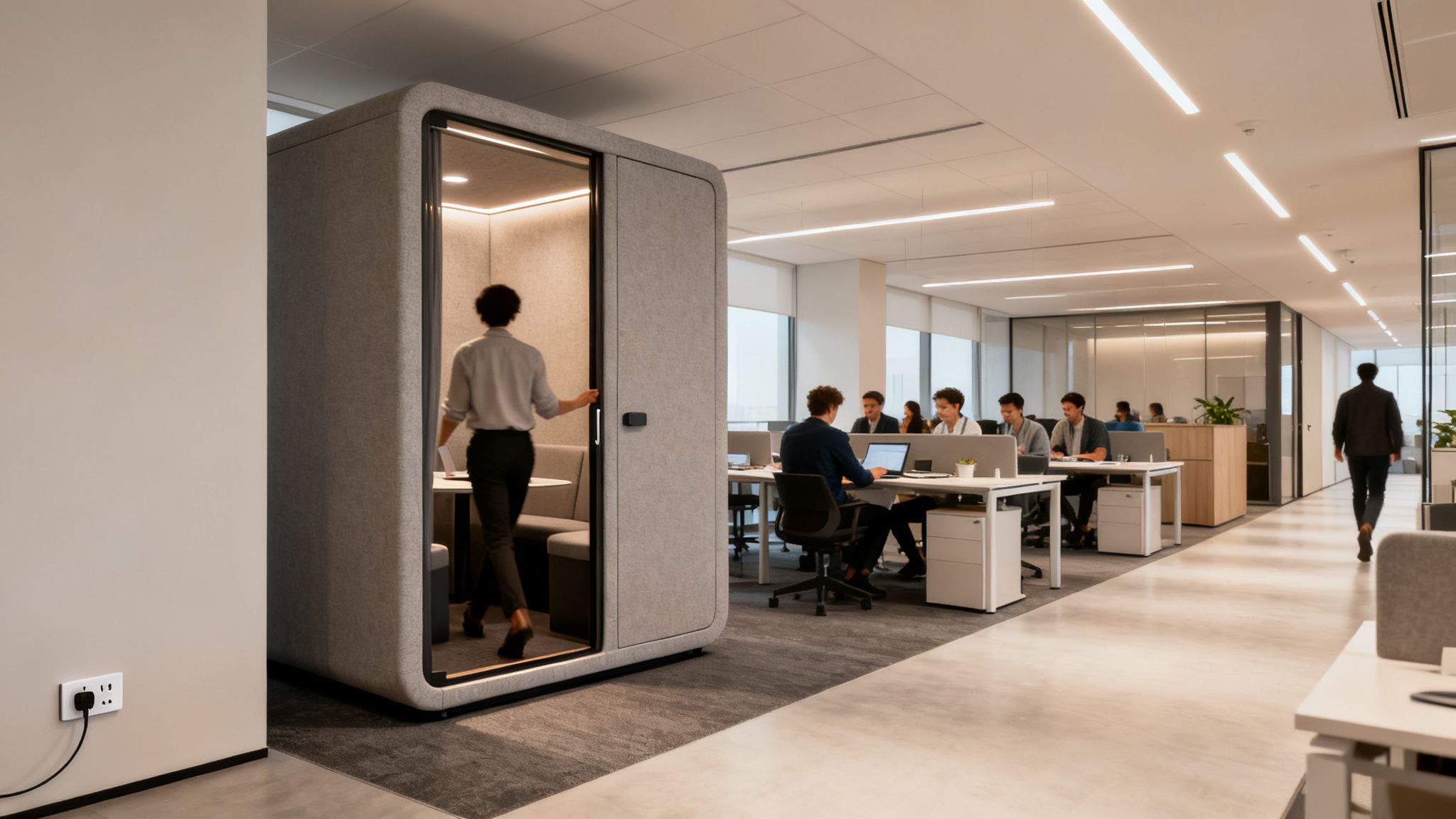An open office scene with a person entering a modern grey soundproof meeting pod, while others work at desks.