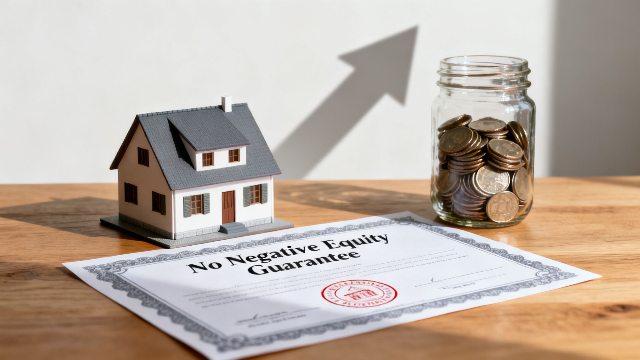 Miniature house, coins in a jar, and 'No Negative Equity Guarantee' document on a table, with an upward arrow shadow.