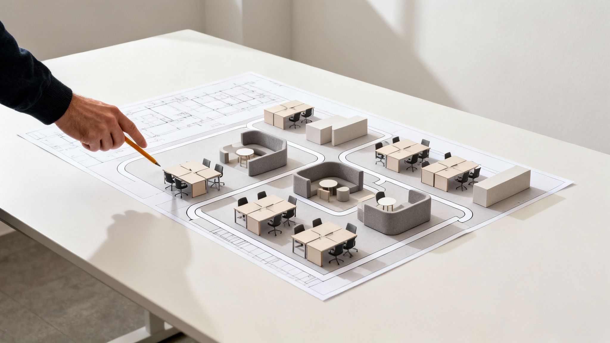 Hand pointing at an office layout model with desks, chairs, and lounge areas on a blueprint.