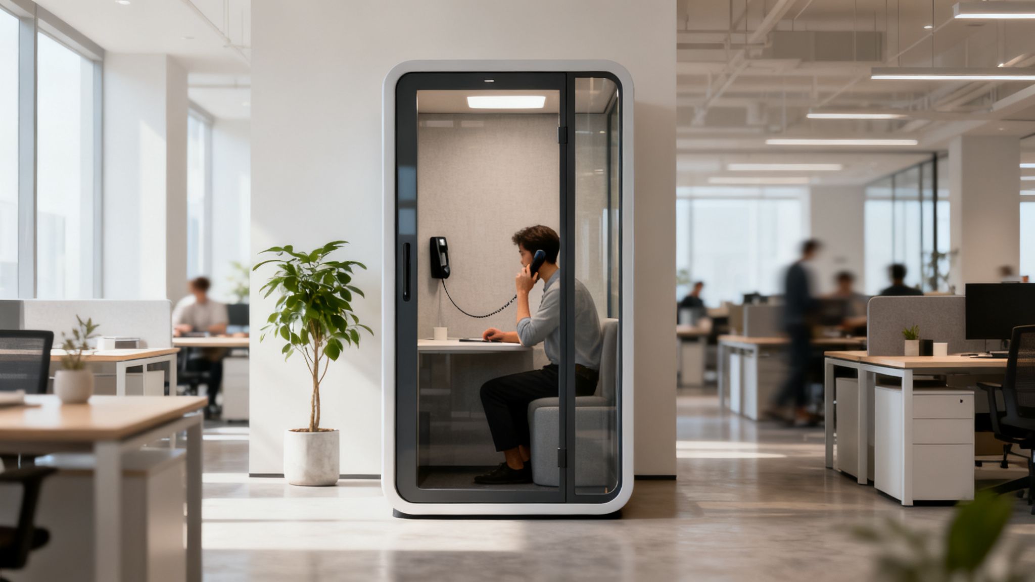 Man talking on a corded phone inside a modern private booth in an open-plan office.