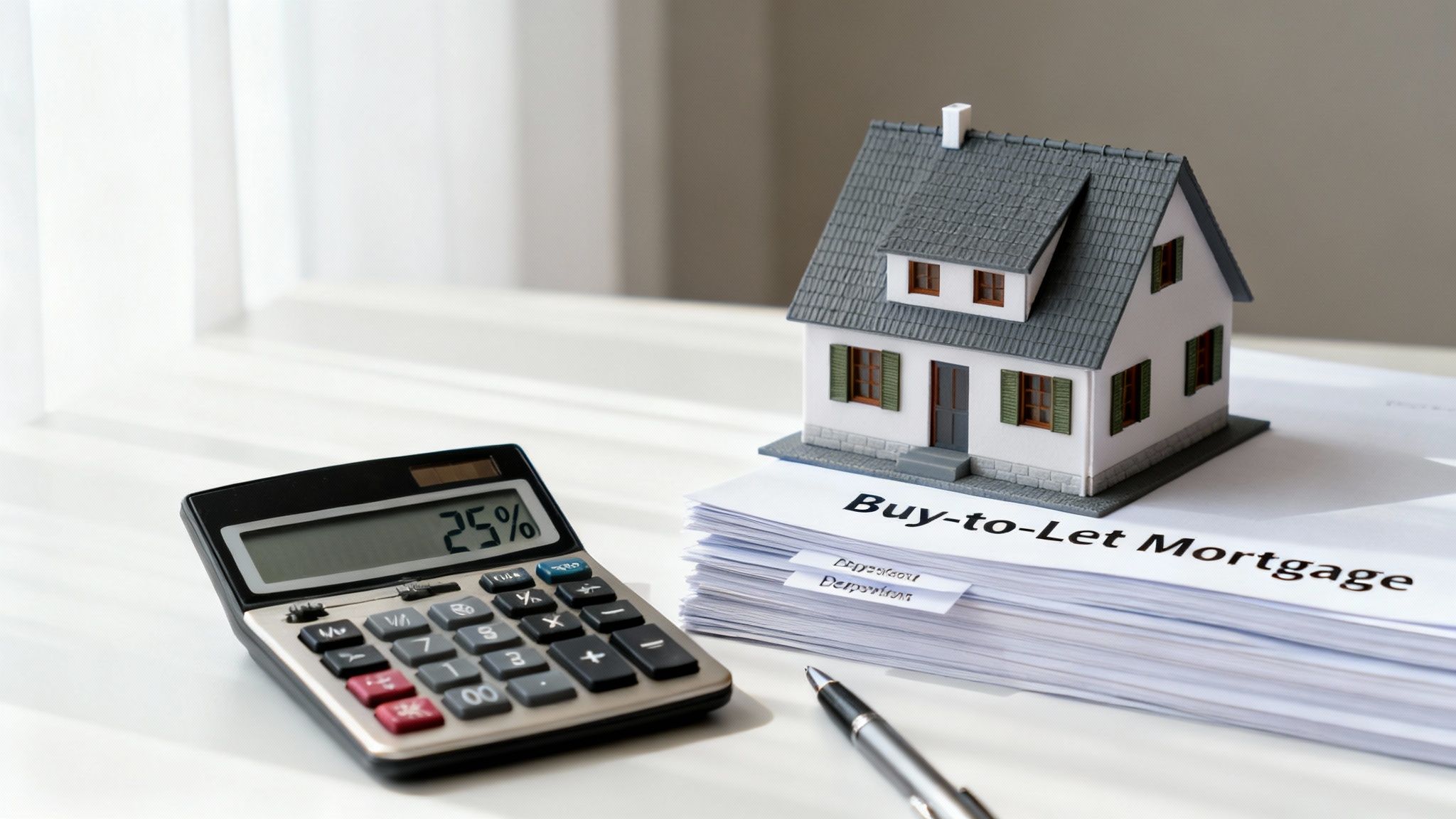 Calculator showing 25% next to a model house, 'Buy-to-Let Mortgage' documents, and a pen.