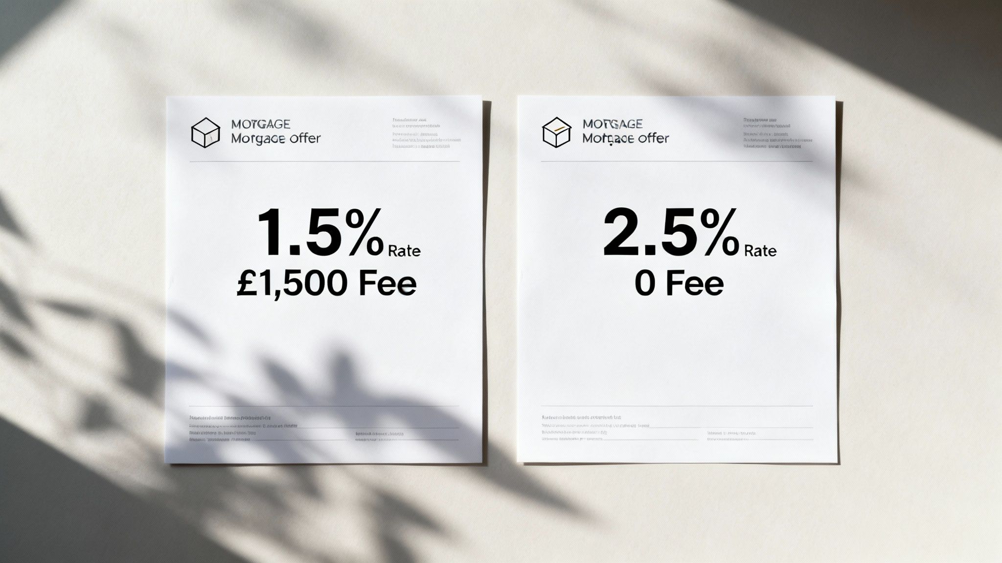 Two mortgage offers side-by-side, detailing different interest rates and associated fees.