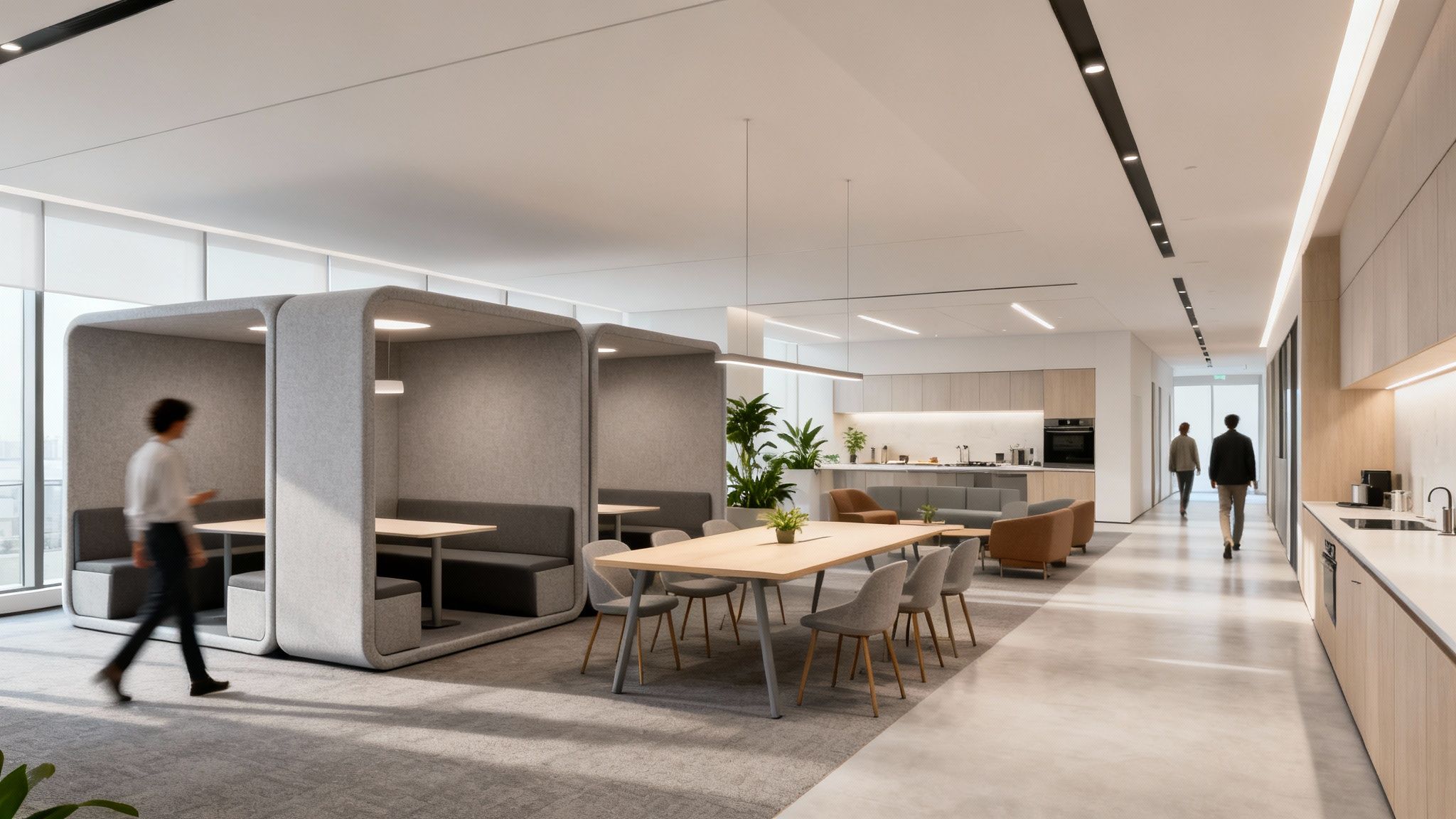Modern office interior with soundproof booths, communal table, kitchen, and busy people.