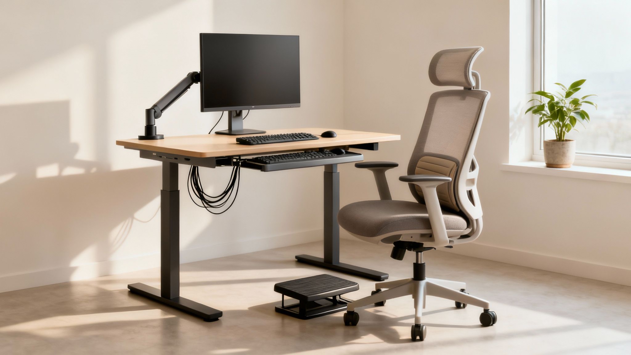 A modern ergonomic home office setup featuring a standing desk, chair, monitor, and plant by a window.
