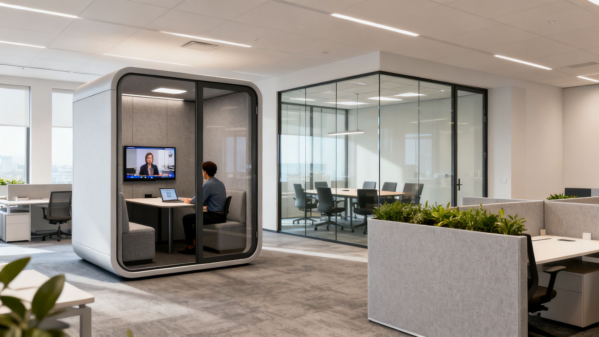 A modern office with a person working in a soundproof pod, a glass meeting room, and open workstations.