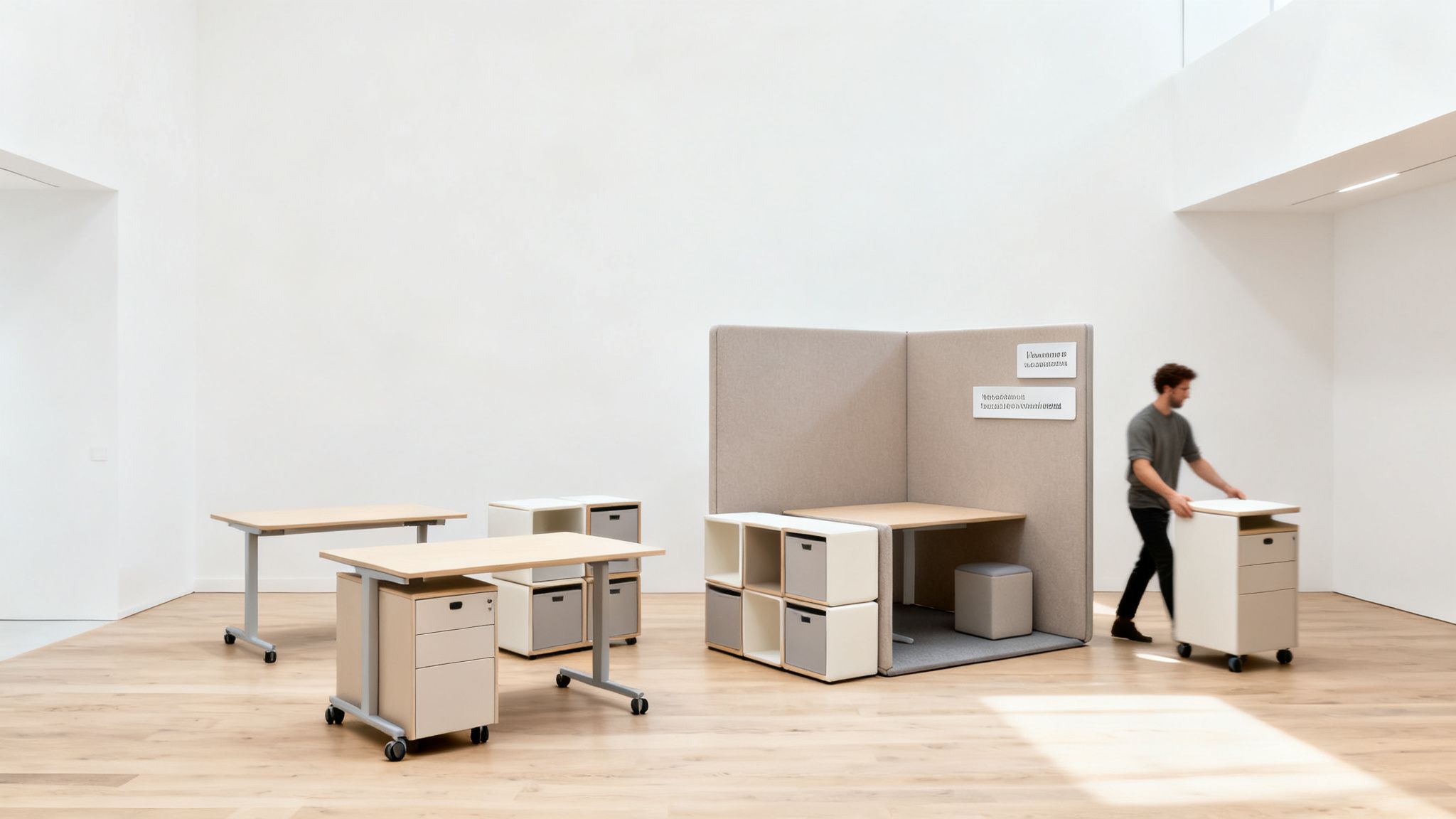 Modern open office with modular, mobile wood desks, storage, and a private workspace.