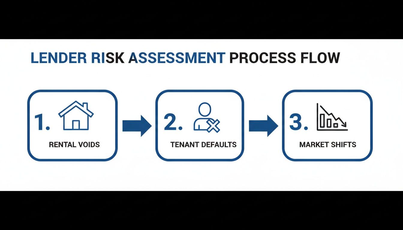 Flowchart illustrating the lender risk assessment process, detailing rental voids, tenant defaults, and market shifts.