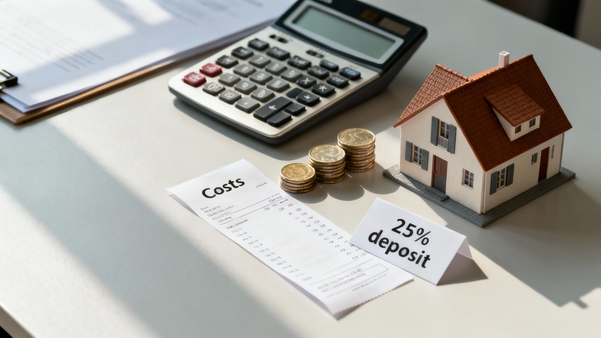 A desk with a model house, calculator, stacked coins, a 'Costs' receipt, and a '25% deposit' sign.