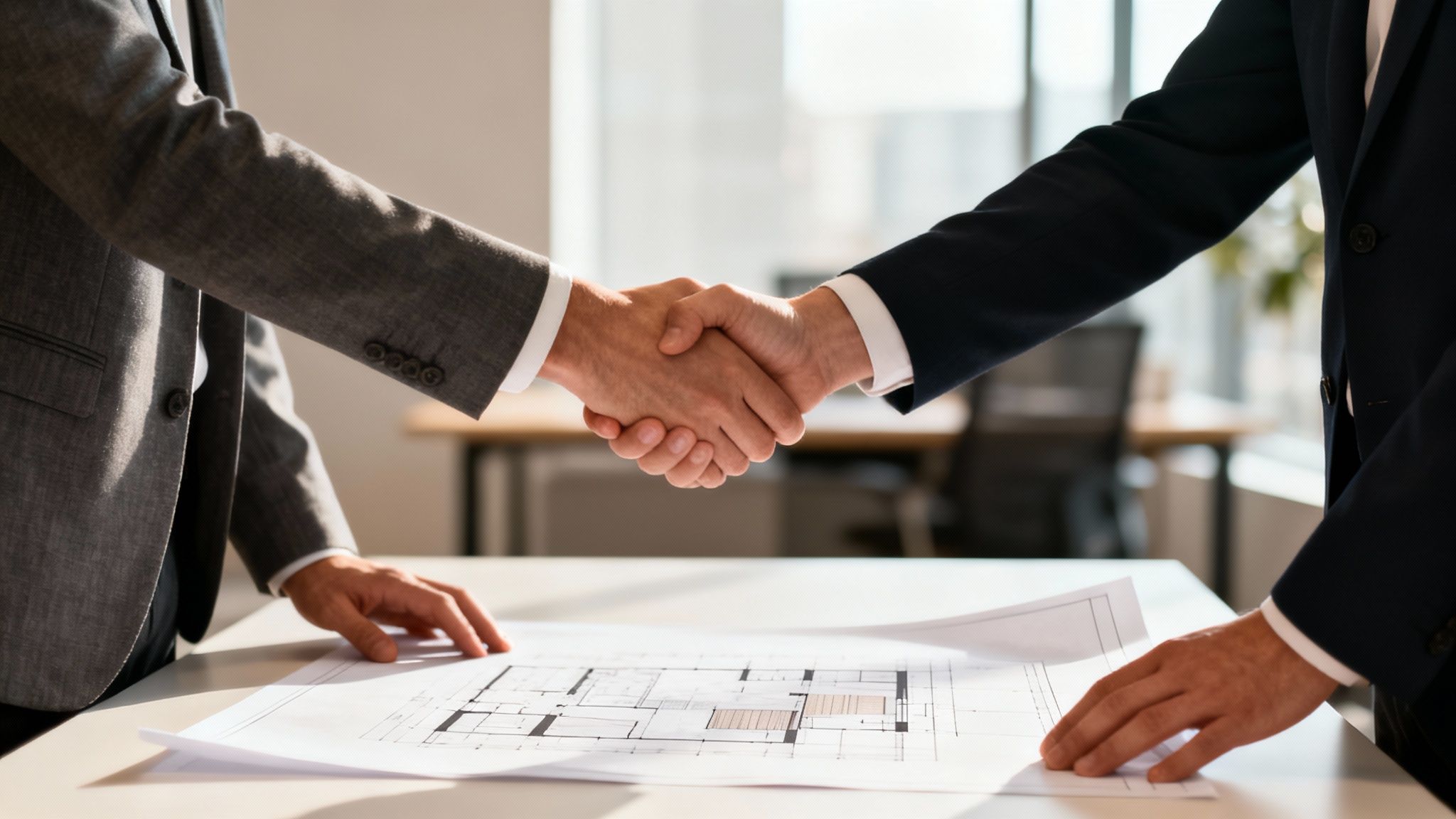 Two businessmen shaking hands over blueprints, finalizing a deal in a modern office setting.