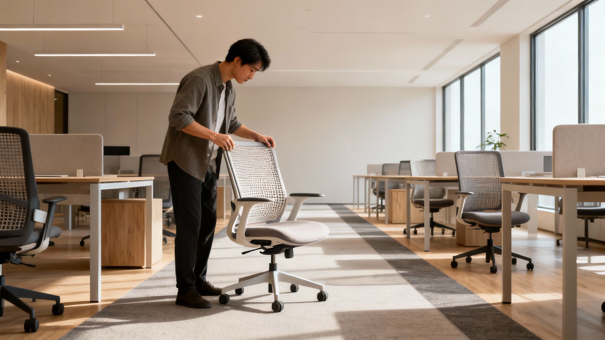 Young man adjusting a white ergonomic office chair with a mesh back in a contemporary workspace.