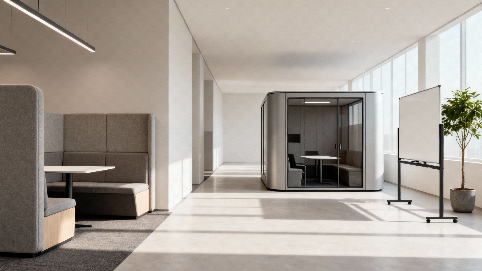 Modern open-plan office space featuring grey fabric booths, a glass meeting pod, and a whiteboard.
