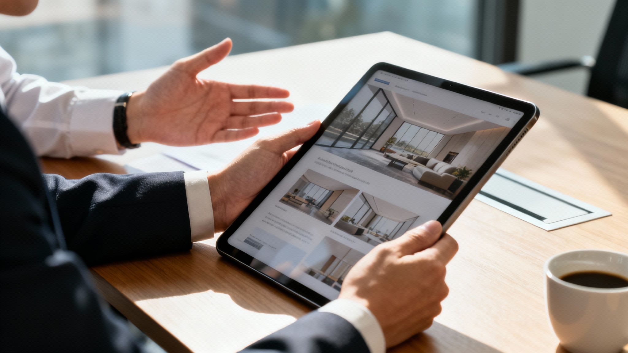 Two individuals review modern interior designs on a tablet during a professional discussion at a table.