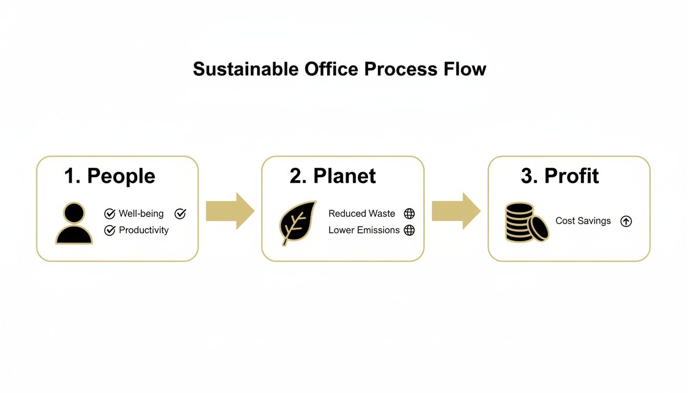 Flowchart showing how sustainable office practices lead to benefits for People, Planet, and Profit.