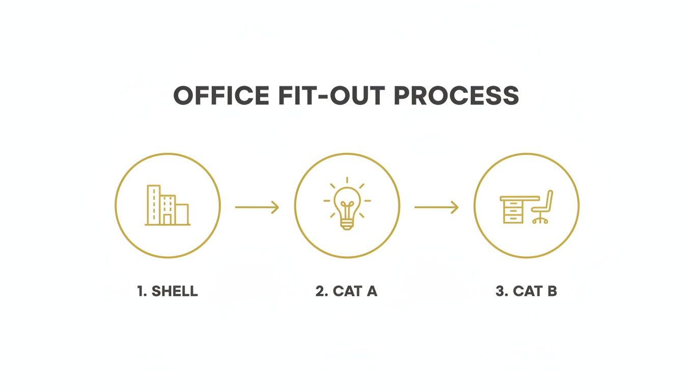 A flowchart showing the office fit-out process with three stages: Shell, Cat A, and Cat B.