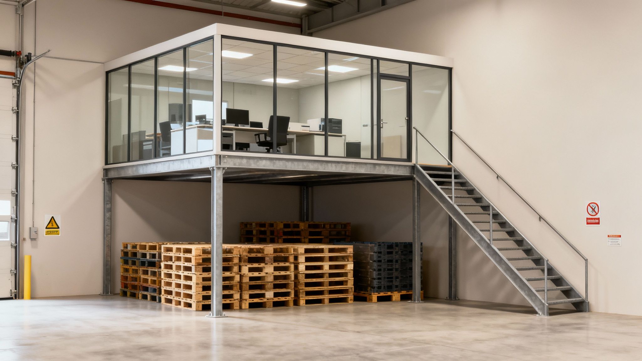 A modern mezzanine office with glass walls, desks, and chairs, built above pallet storage in a warehouse.