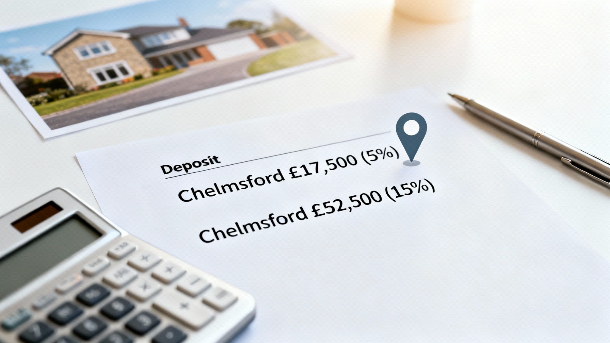 A document showing house deposit calculations for Chelmsford, alongside a calculator, pen, and a house picture.