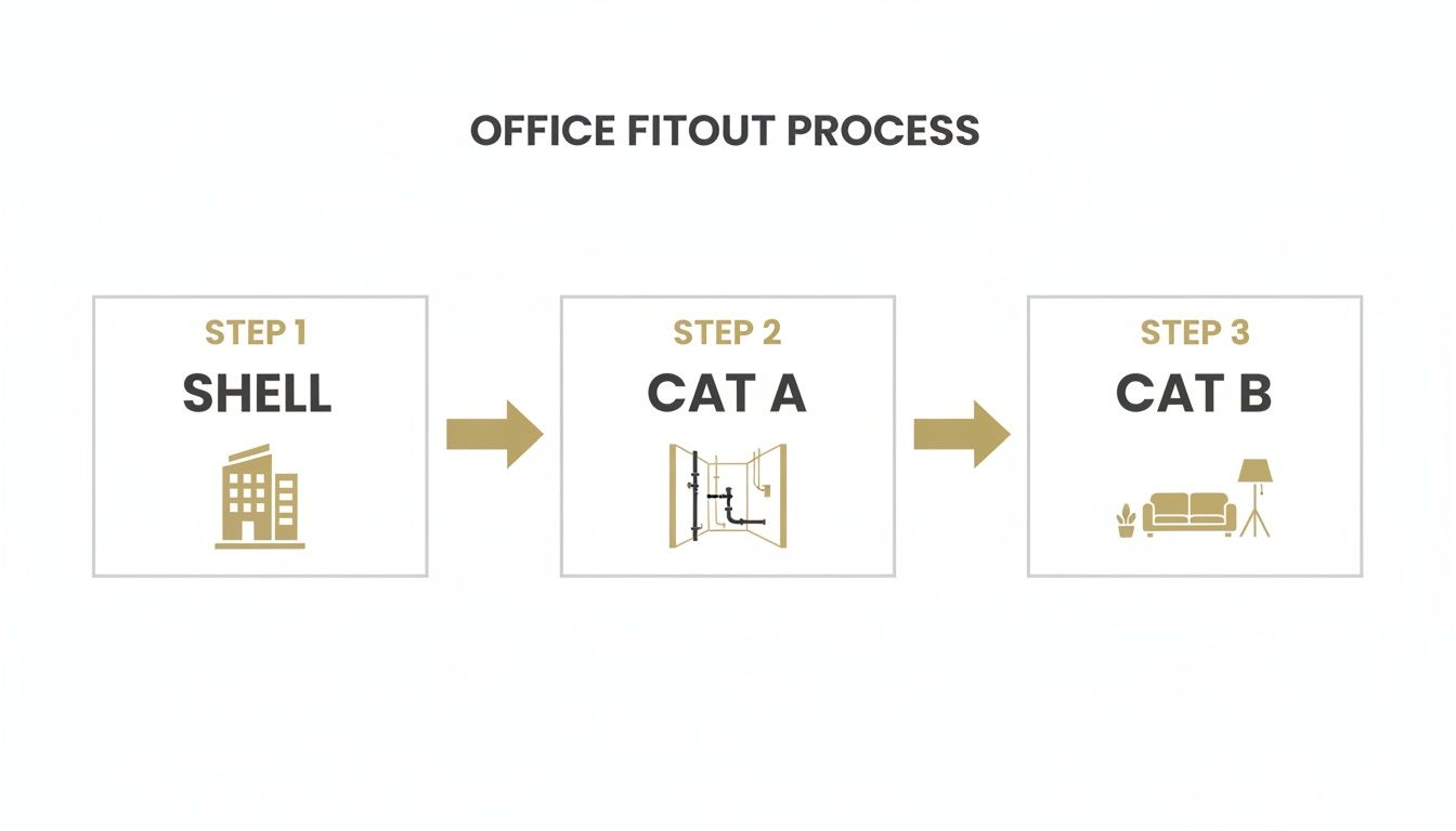 Infographic illustrating the three steps of the office fitout process: Shell, Cat A, and Cat B.