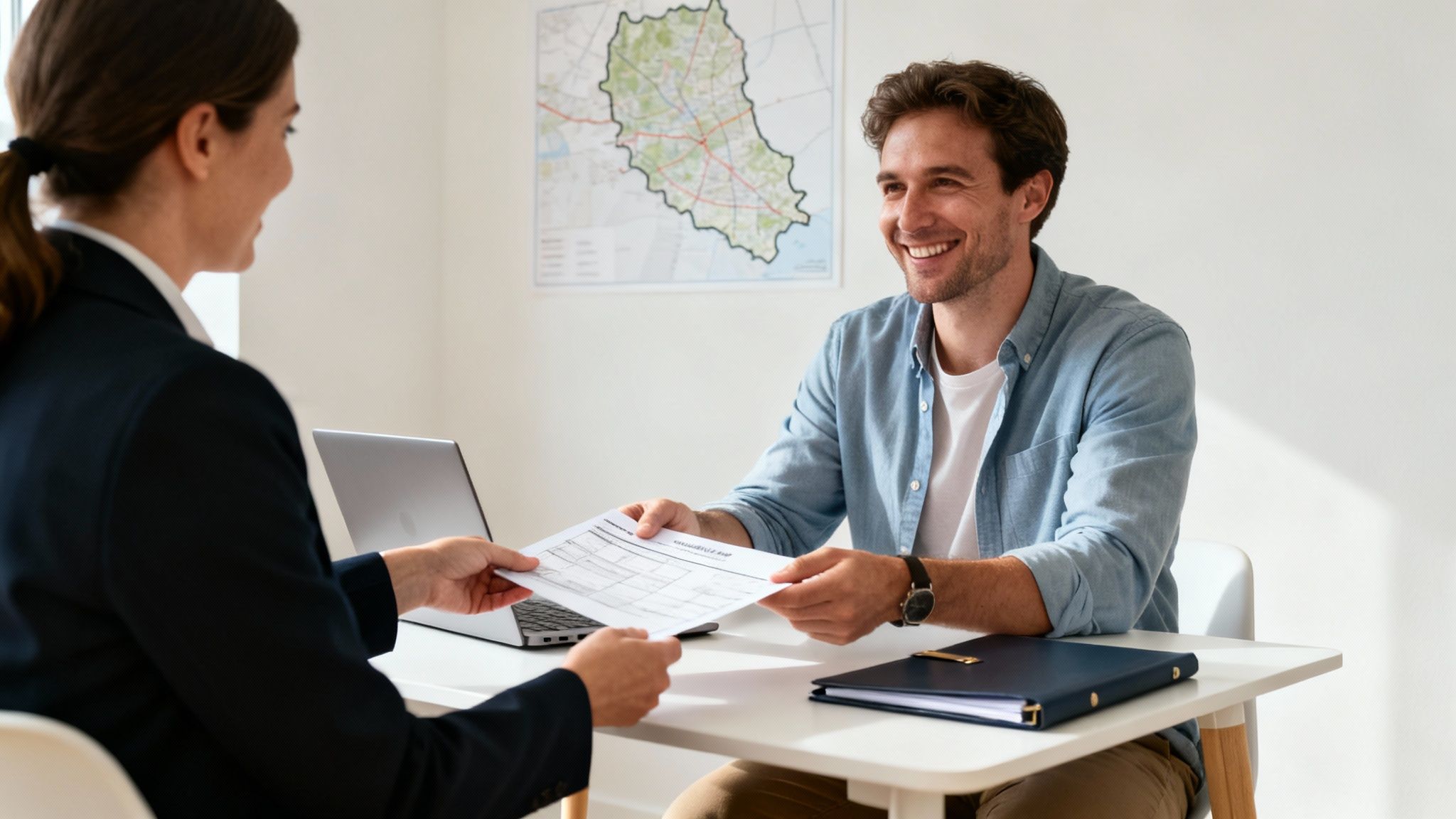 Two smiling professionals exchange documents across a white desk during a business consultation.