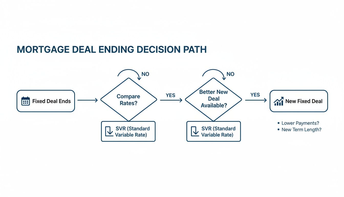 Flowchart illustrating the decision path when a mortgage fixed deal ends, exploring new rates or SVR.