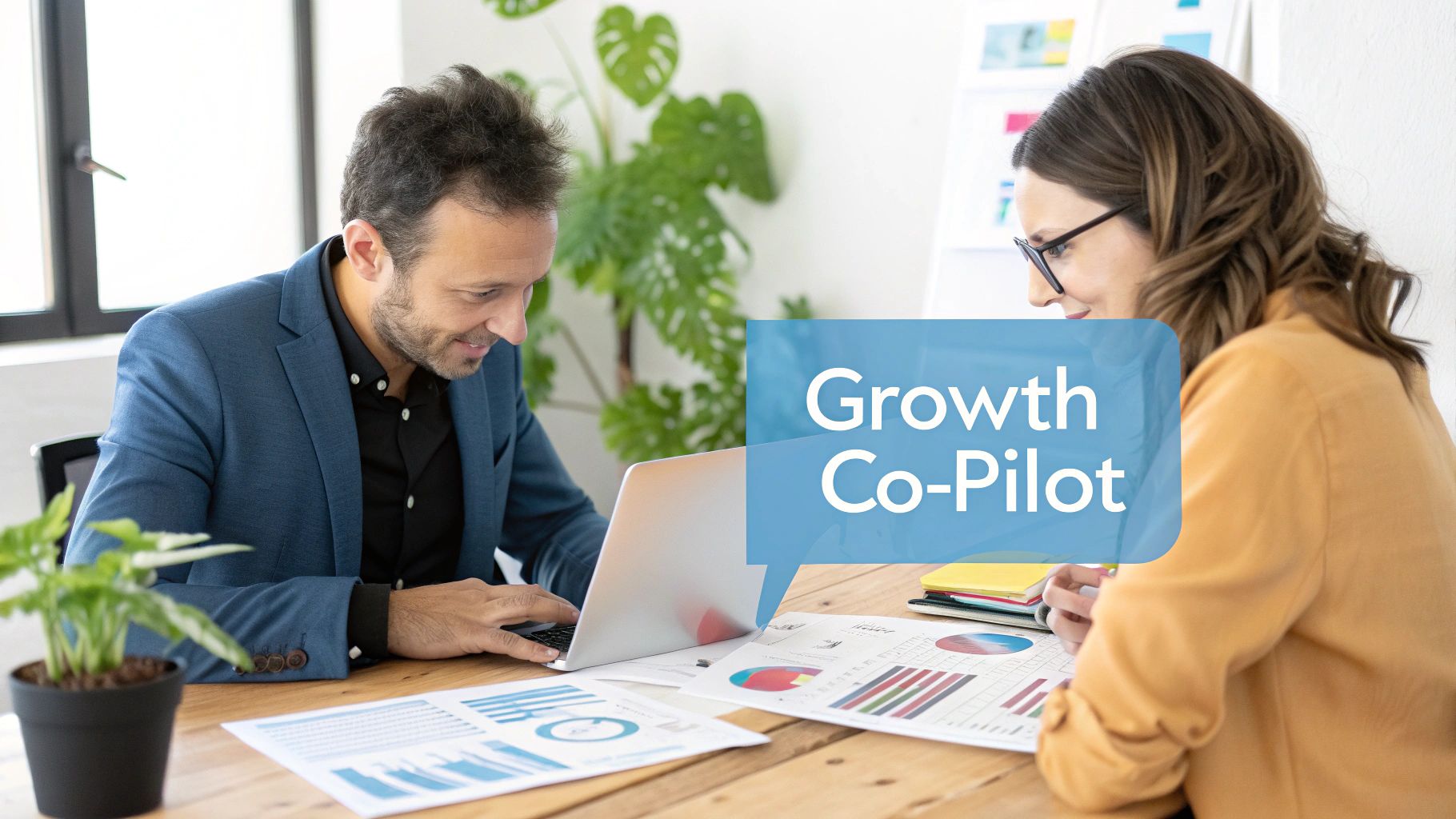 Two smiling professionals, a man and a woman, collaborating on business growth strategies, with a 'Growth Co-Pilot' text overlay.