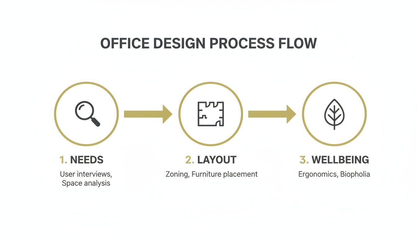 Office design process flow, detailing steps like needs analysis, layout planning, and employee wellbeing.