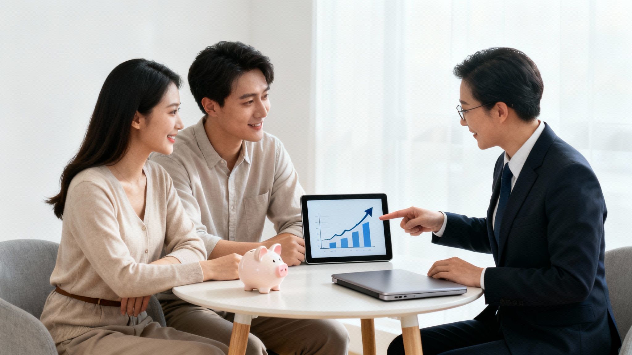 A financial advisor points to a rising growth chart on a tablet, explaining investment plans to a smiling couple.