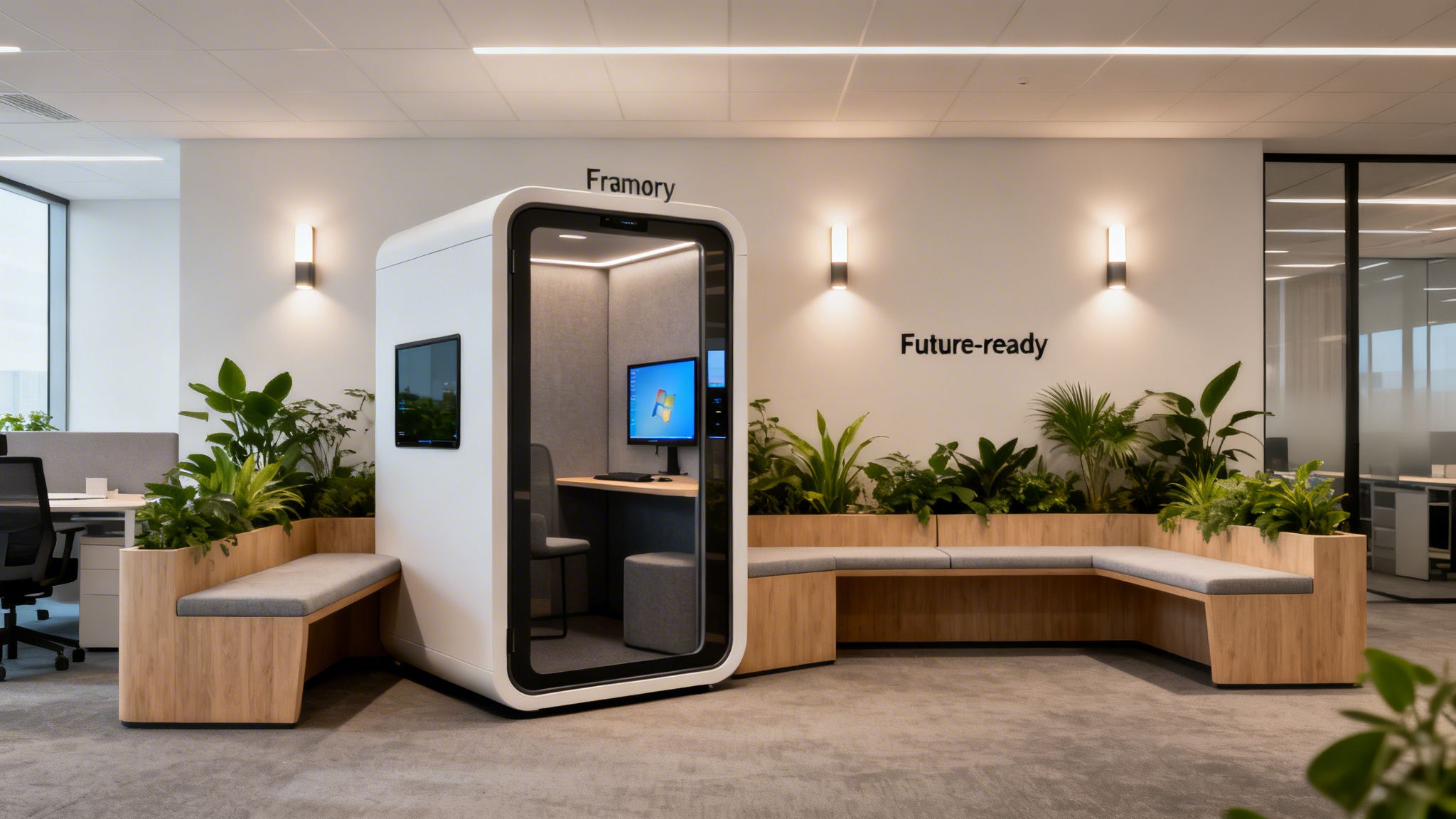 Contemporary office space featuring a private work pod, wooden seating, lush plants, and bright lighting.
