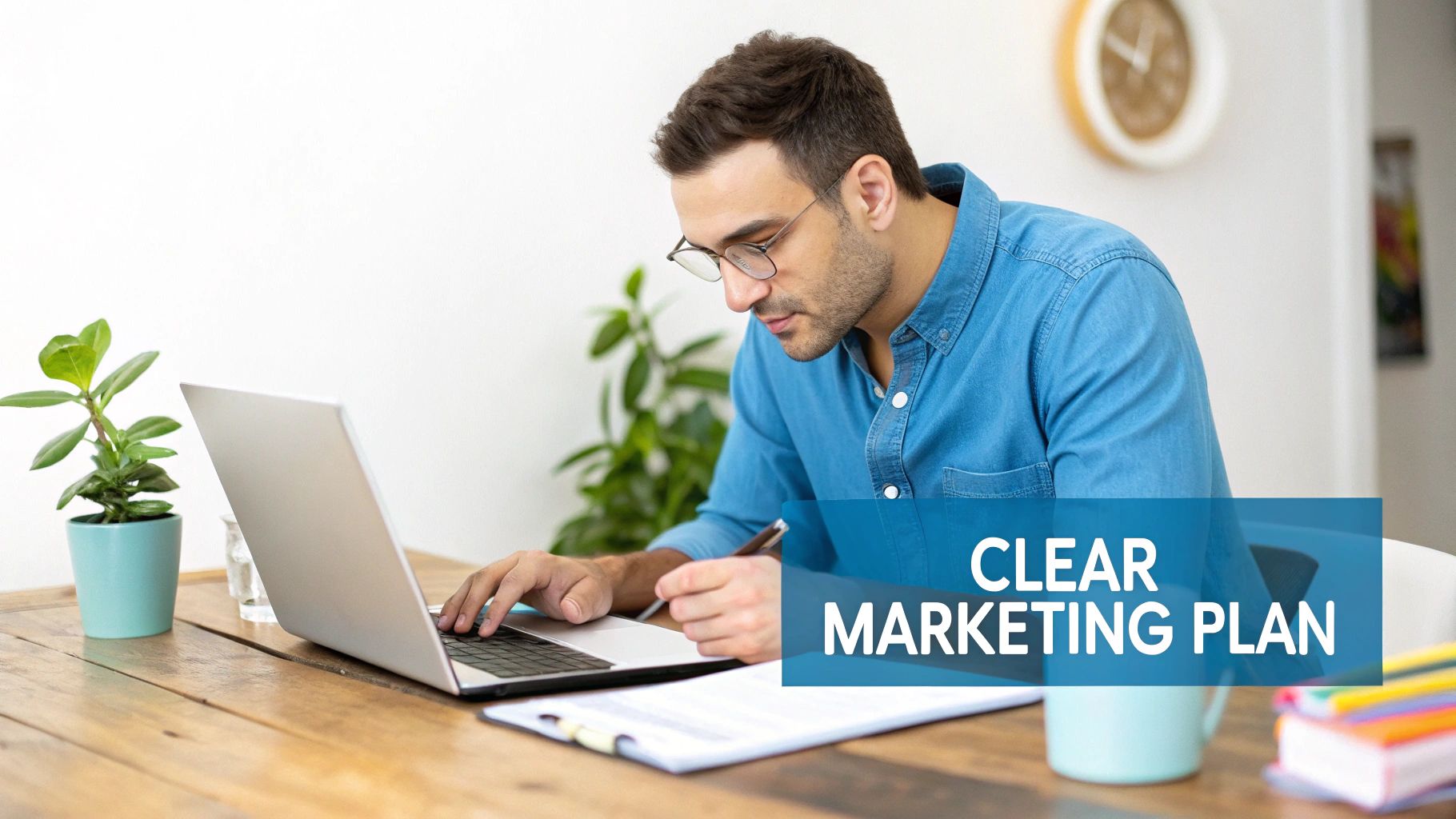 A man works on a laptop at a wooden desk, focused on a clear marketing plan.